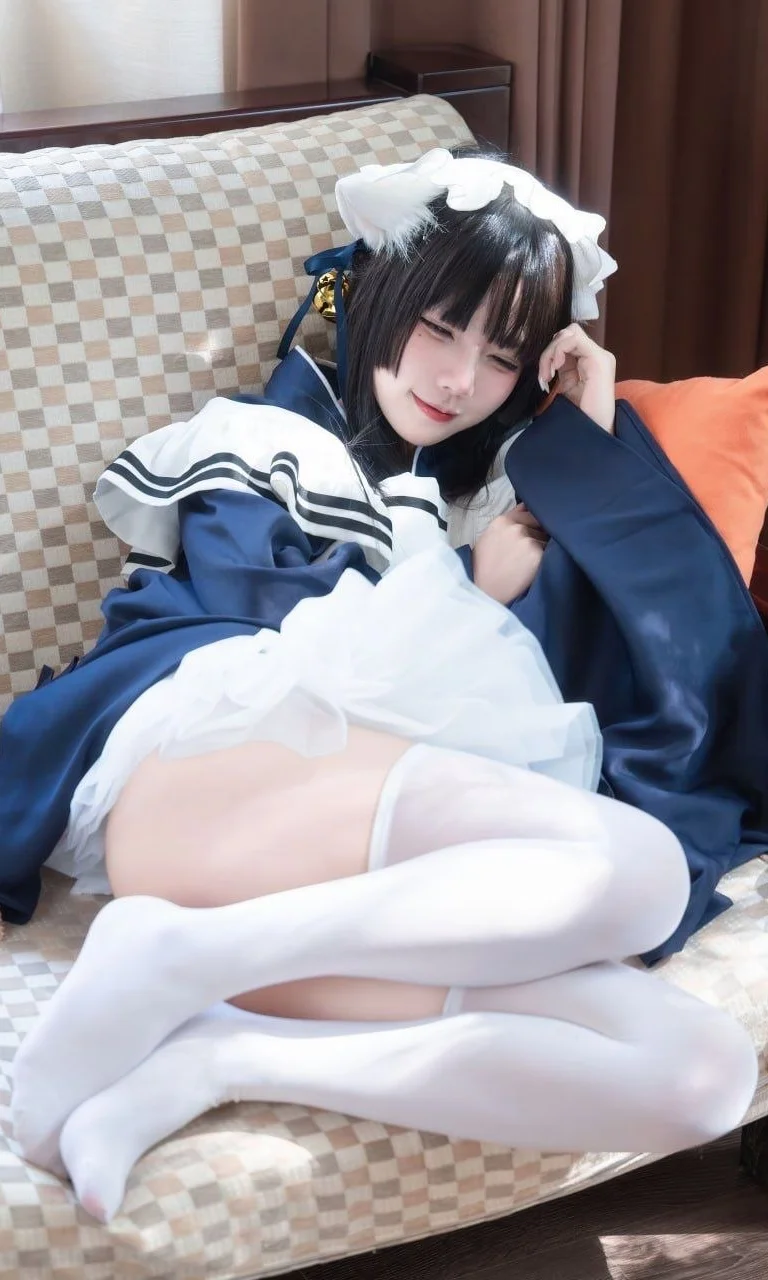 二次元穿搭, 和风女仆, 女仆装cosplay, 居家氛围感, 白丝过膝袜
