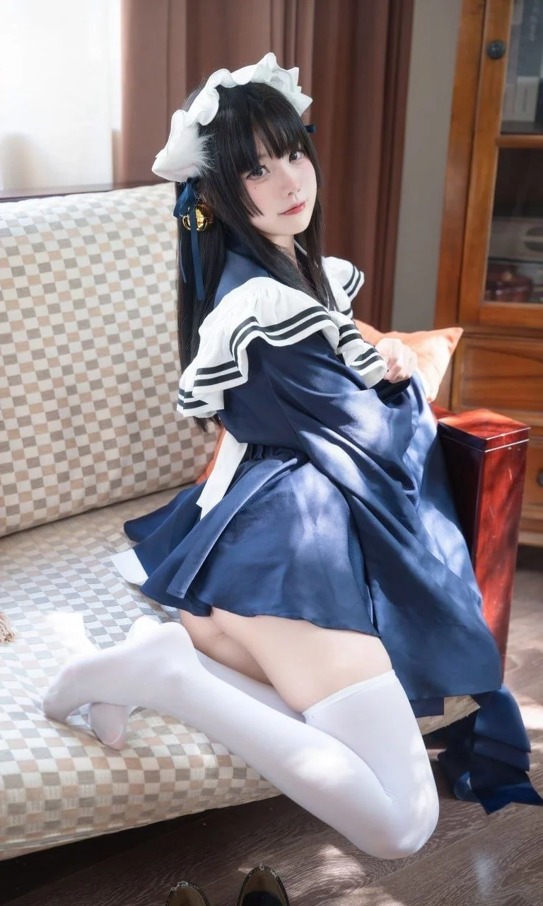 【和風メイド】紺のメイド服コスプレ、暖かな陽だまりとおうちの白ニーソコーデ - Ludo - 2枚目