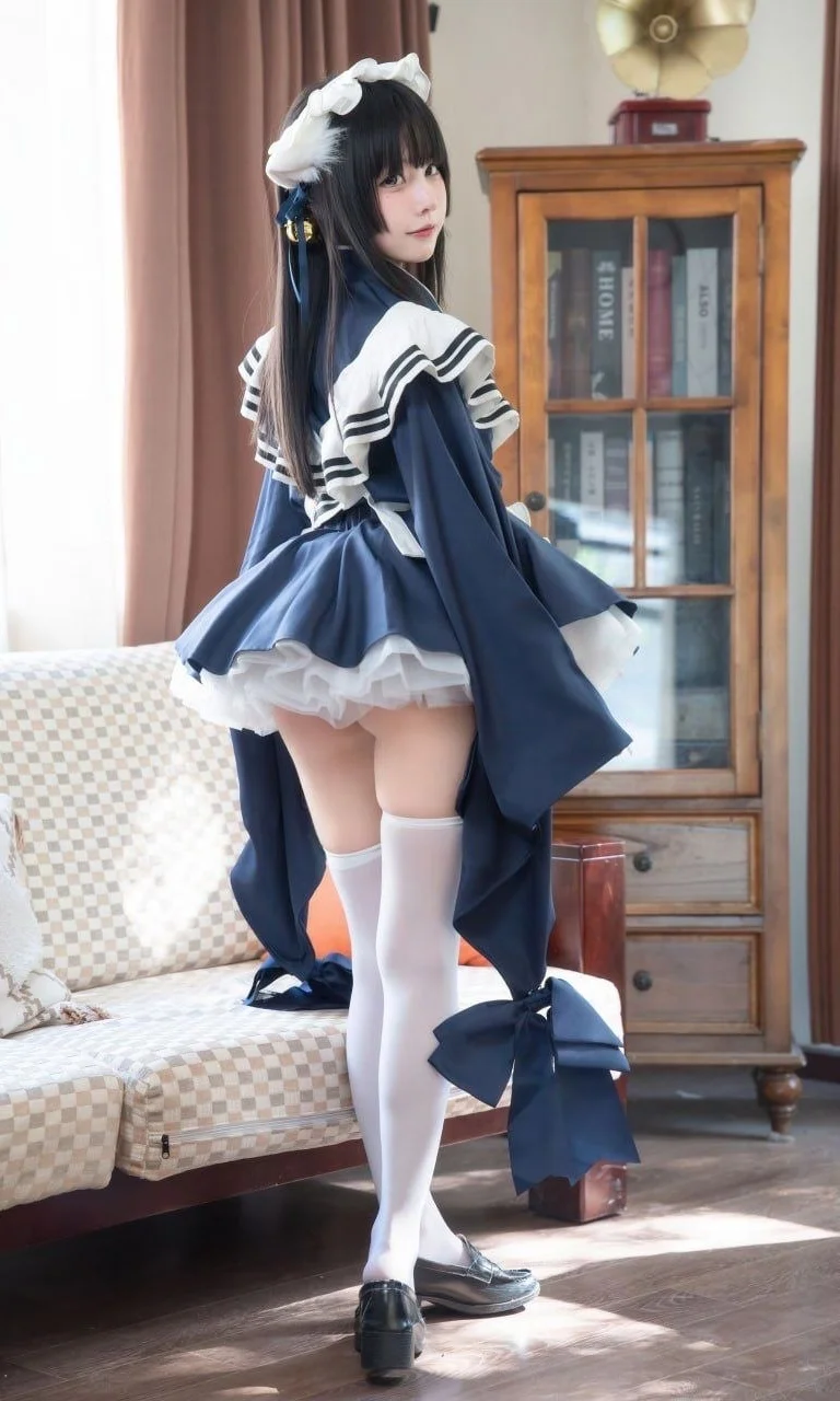 【和風メイド】紺のメイド服コスプレ、暖かな陽だまりとおうちの白ニーソコーデ - Ludo - 3枚目