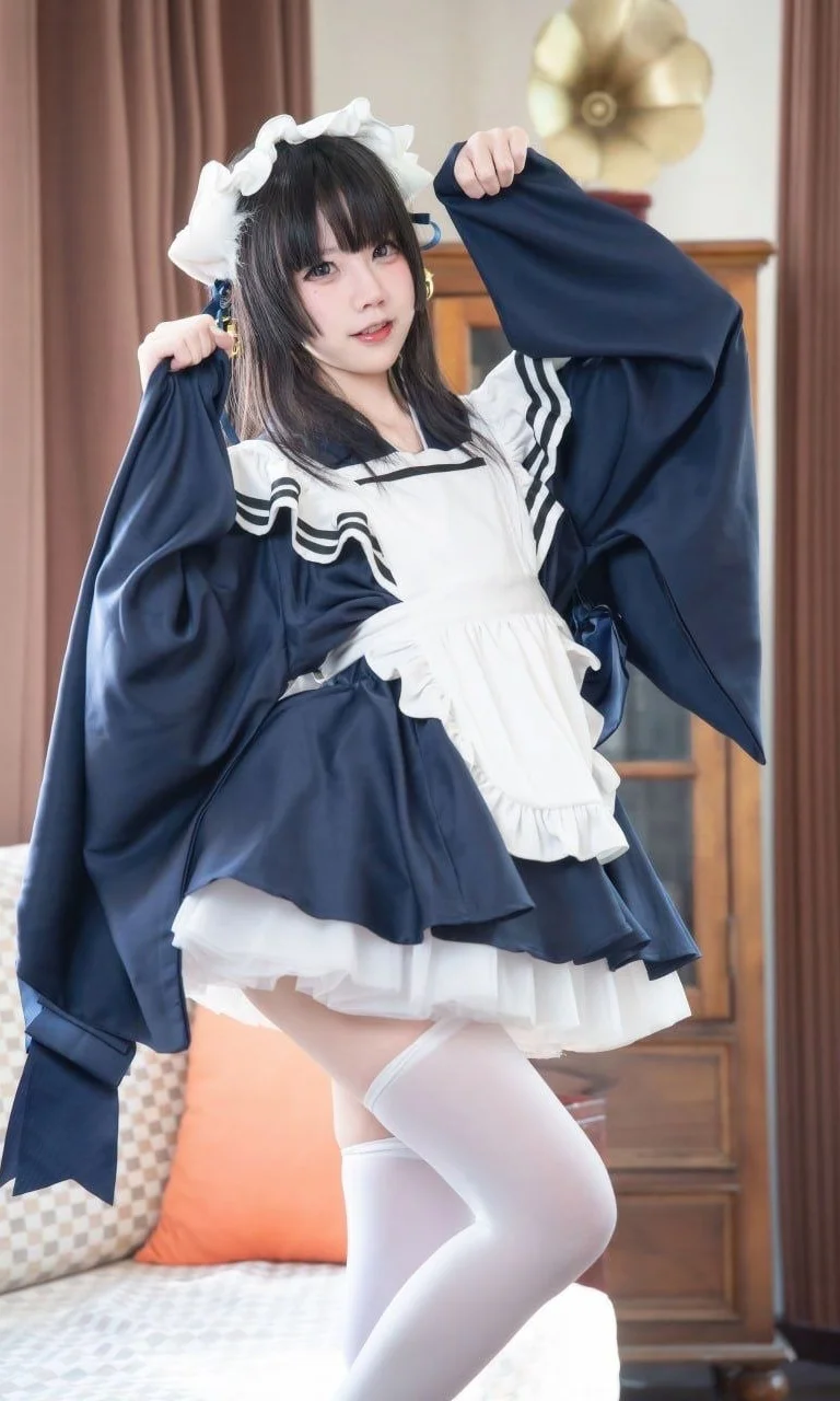 【和風メイド】紺のメイド服コスプレ、暖かな陽だまりとおうちの白ニーソコーデ - Ludo - 4枚目