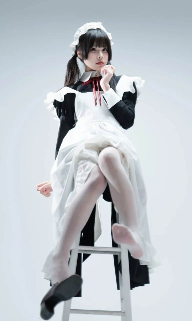 コスプレ, メイド服, 白ストッキング, ツインテール, スタジオポートレート