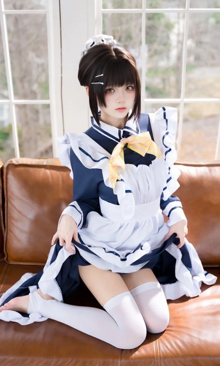Home-Style Studio Photoshoot by the Window: Natural Light Accentuates the Mood in a Navy Maid Outfit by Ludo - Image 3