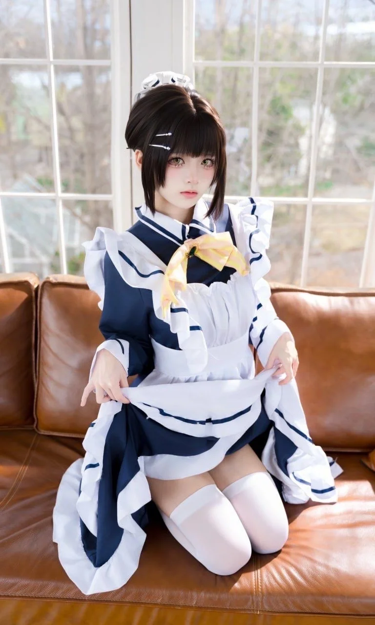 Home-Style Studio Photoshoot by the Window: Natural Light Accentuates the Mood in a Navy Maid Outfit by Ludo - Image 4