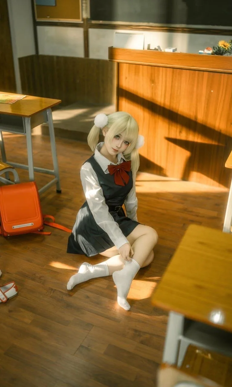 金髪ツインテール学生妹 午後の教室で紡ぐ学園風ポートレート - Ludo - 3枚目