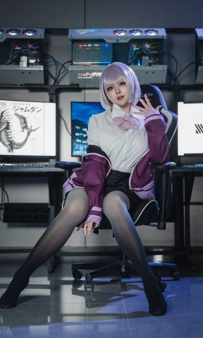 电竞少女, cosplay摄影, 紫色系穿搭, 黑色连裤袜, 电竞房