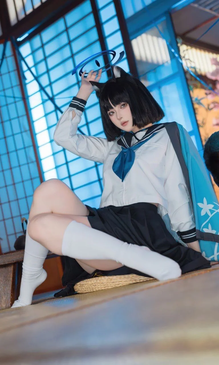 蔚蓝档案, 桐生桔梗cos, 白丝, 兽耳少女, 和风写真