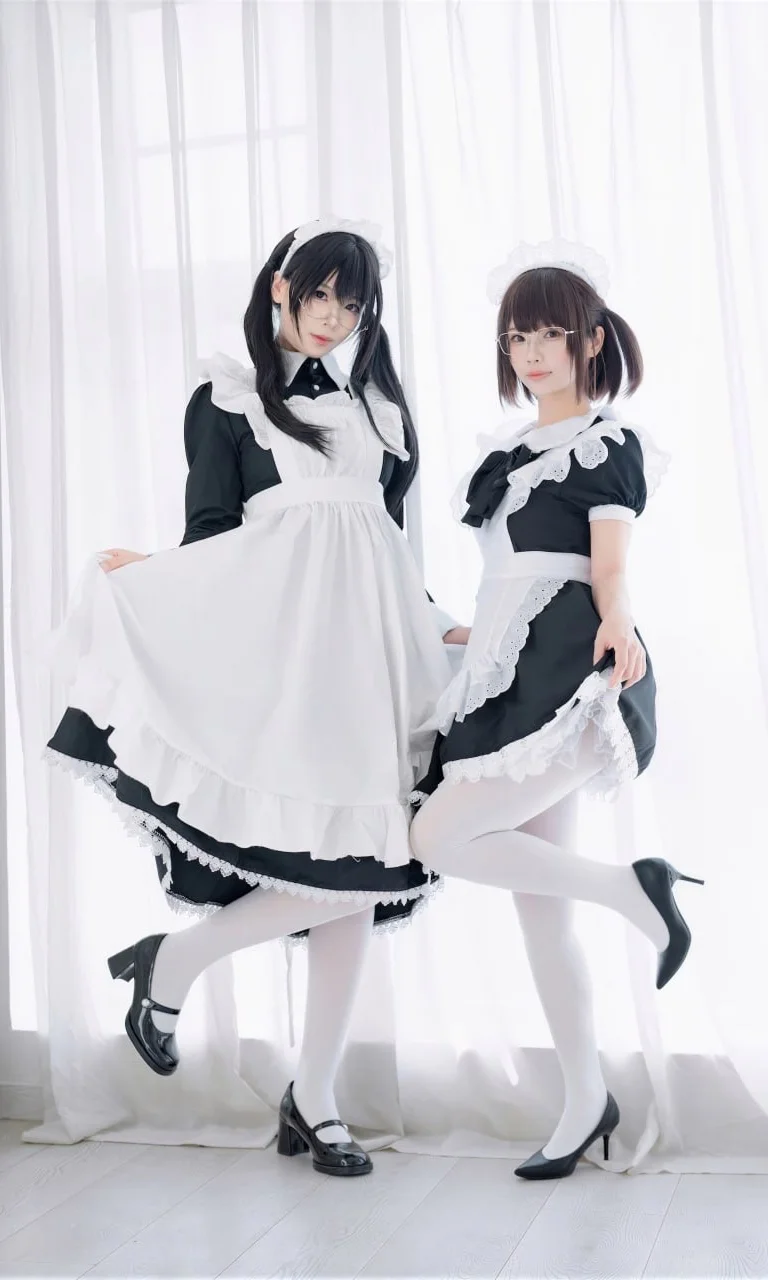 写真のポーズ, 白ストッキング, 二人メイド, メイドコスプレ, メイドポートレート