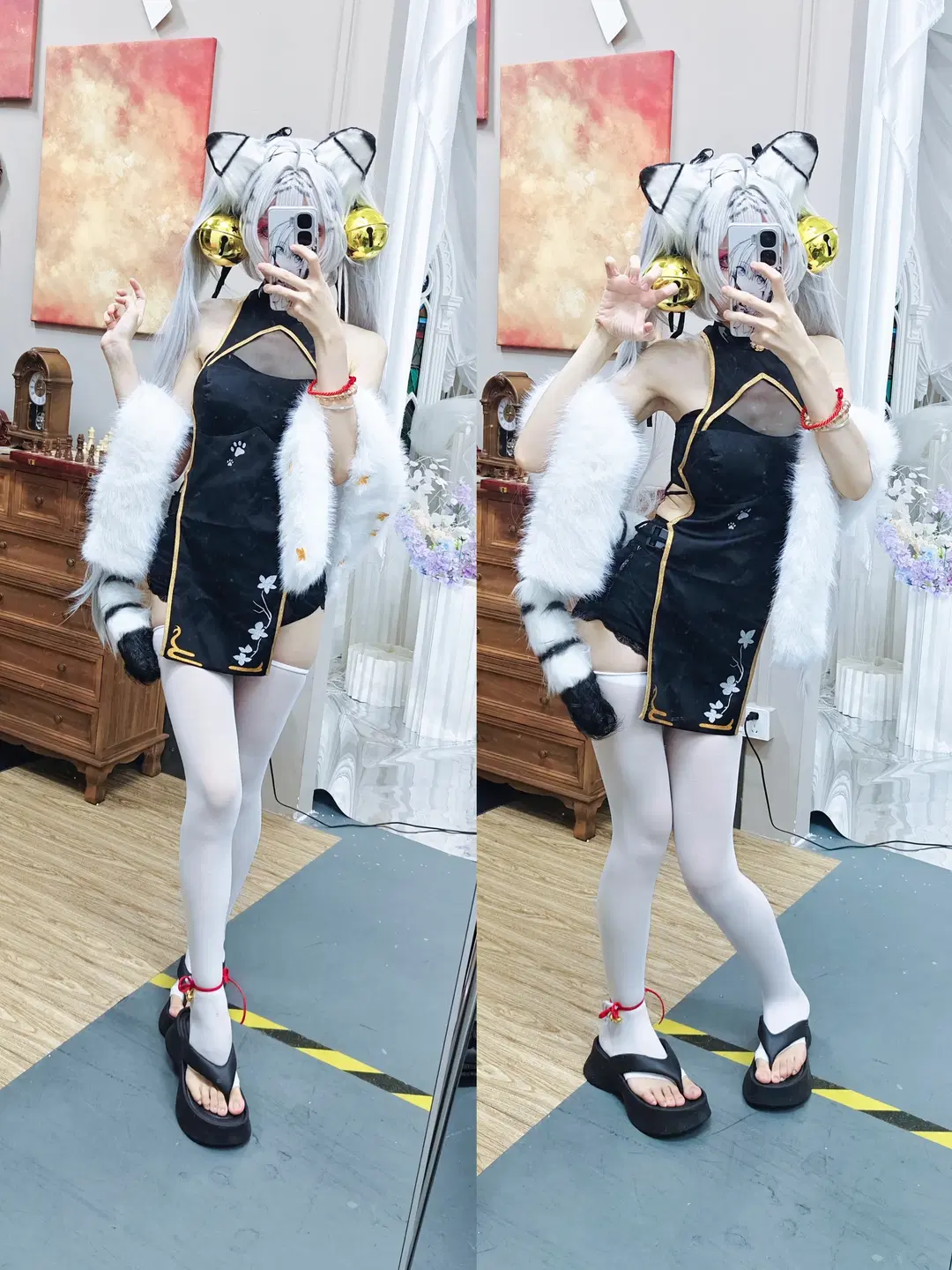 白虎娘cos, 白丝, 对镜自拍, 兽耳娘, 虎啸风生