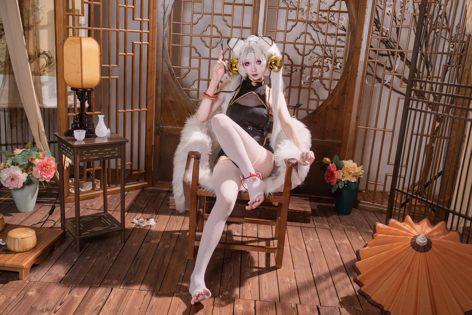 旗袍, 白虎娘cos, 虎啸风生, 兽耳, 丝袜