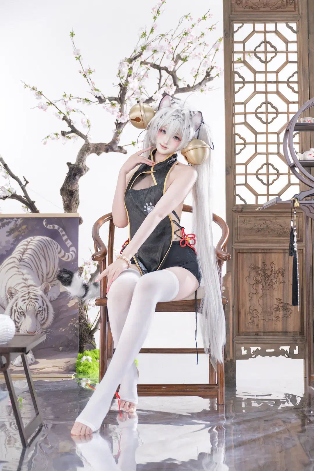 白虎娘cos, 白丝, 国风cos, 兽耳娘, 改良旗袍