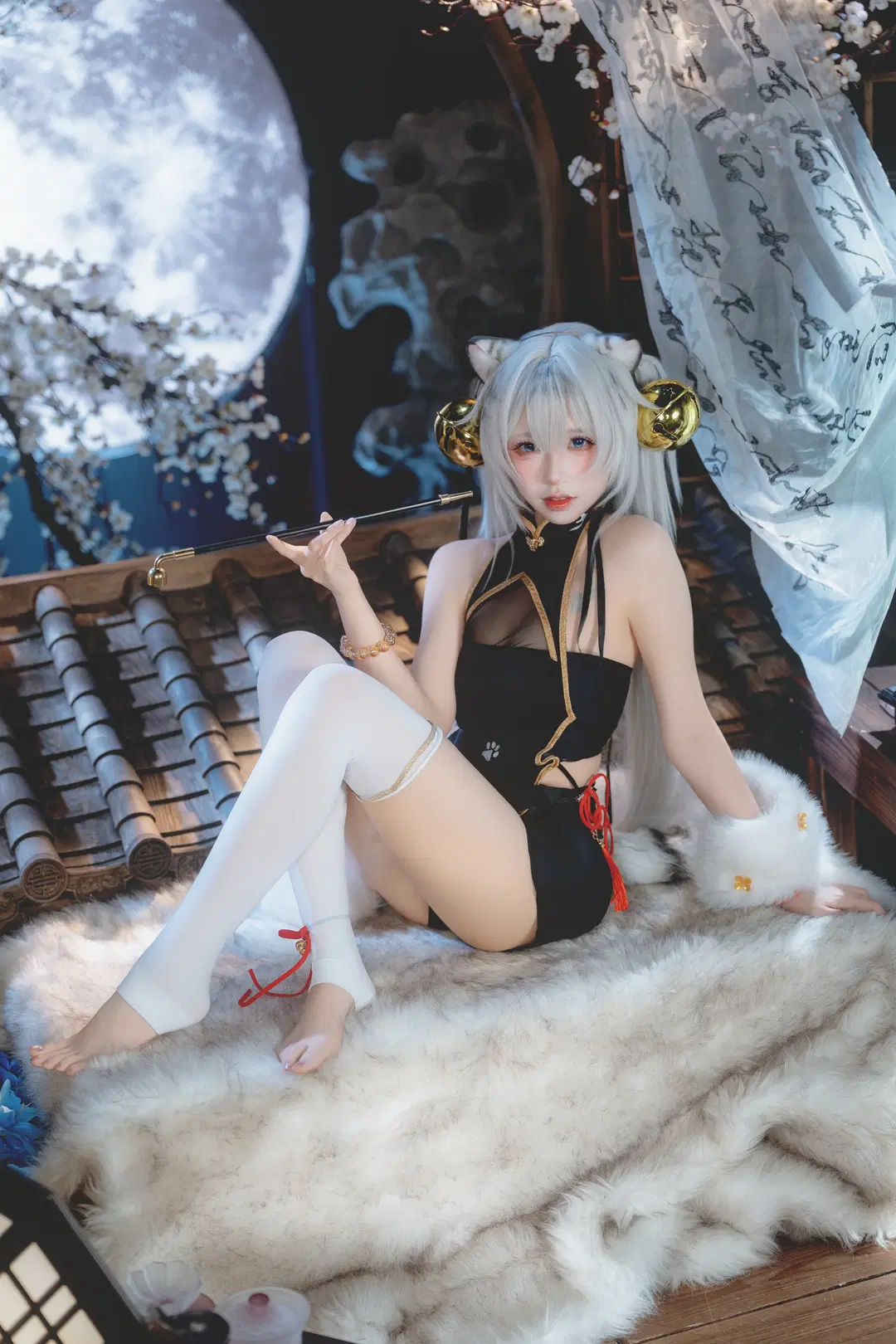 二次元, 白虎娘cos, 白丝, 国风旗袍, 兽耳娘