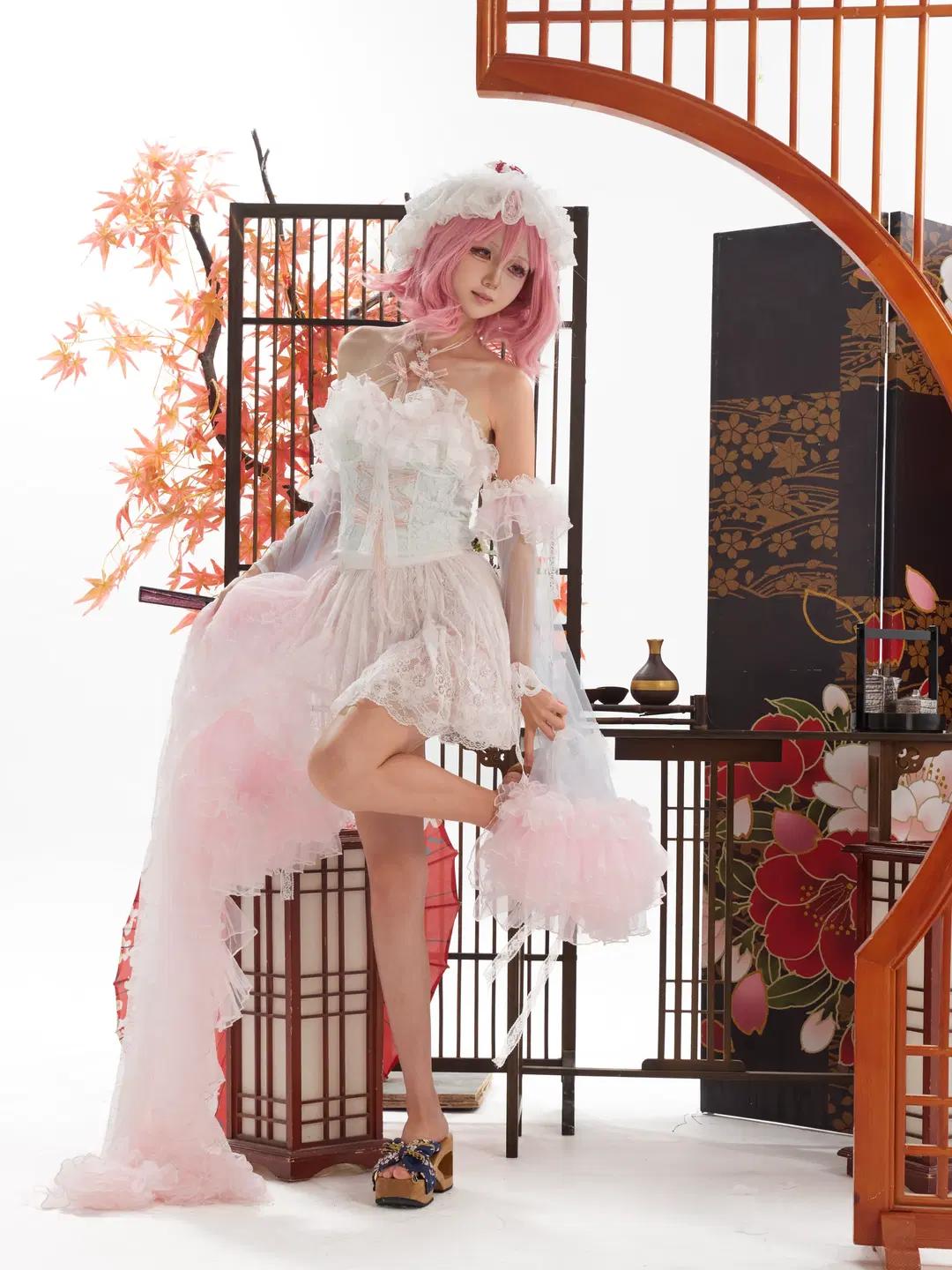 东方Project, 西行寺幽幽子cos, 粉发少女, 棚拍写真, 和风洛丽塔