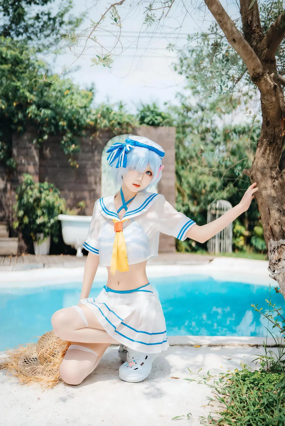 Re:ZERO -Starting Life in Another World-, Rem cosplay, Poolside photoshoot, White stockings, Swimsuit Rem