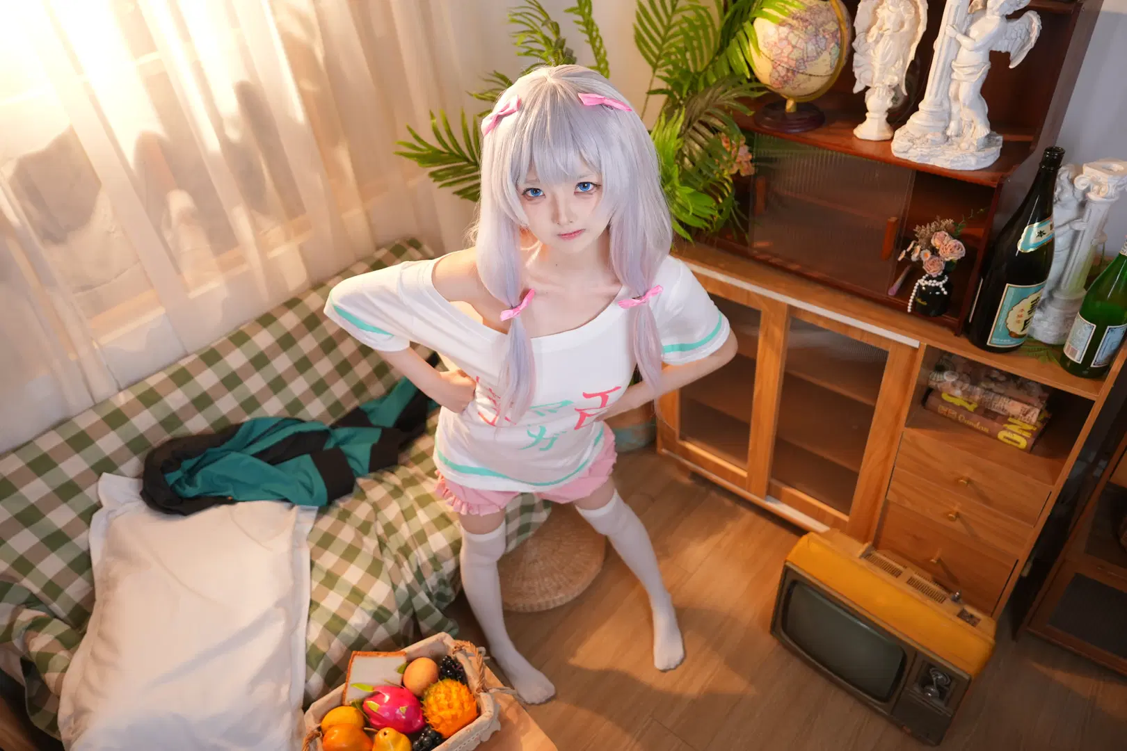 Anime girl, White stockings, Eromanga Sensei, Izumi Sagiri cosplay, At-home portrait