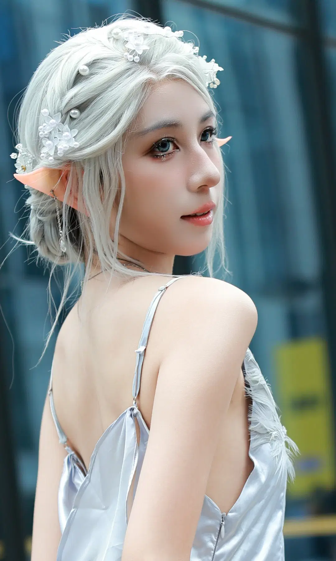 Outdoor photography, Elf ears, Elf cosplay, Backless dress, Silver hair photoshoot