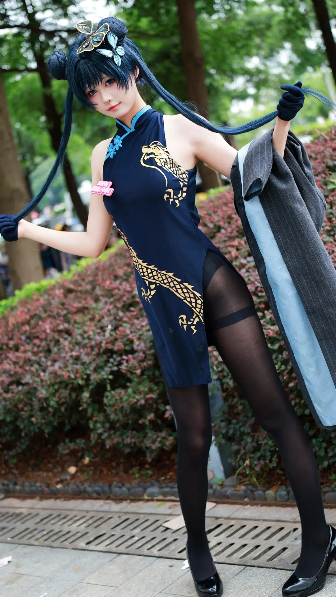 Blue Archive, Convention photos, Qipao cosplay, Black stockings, Twintails