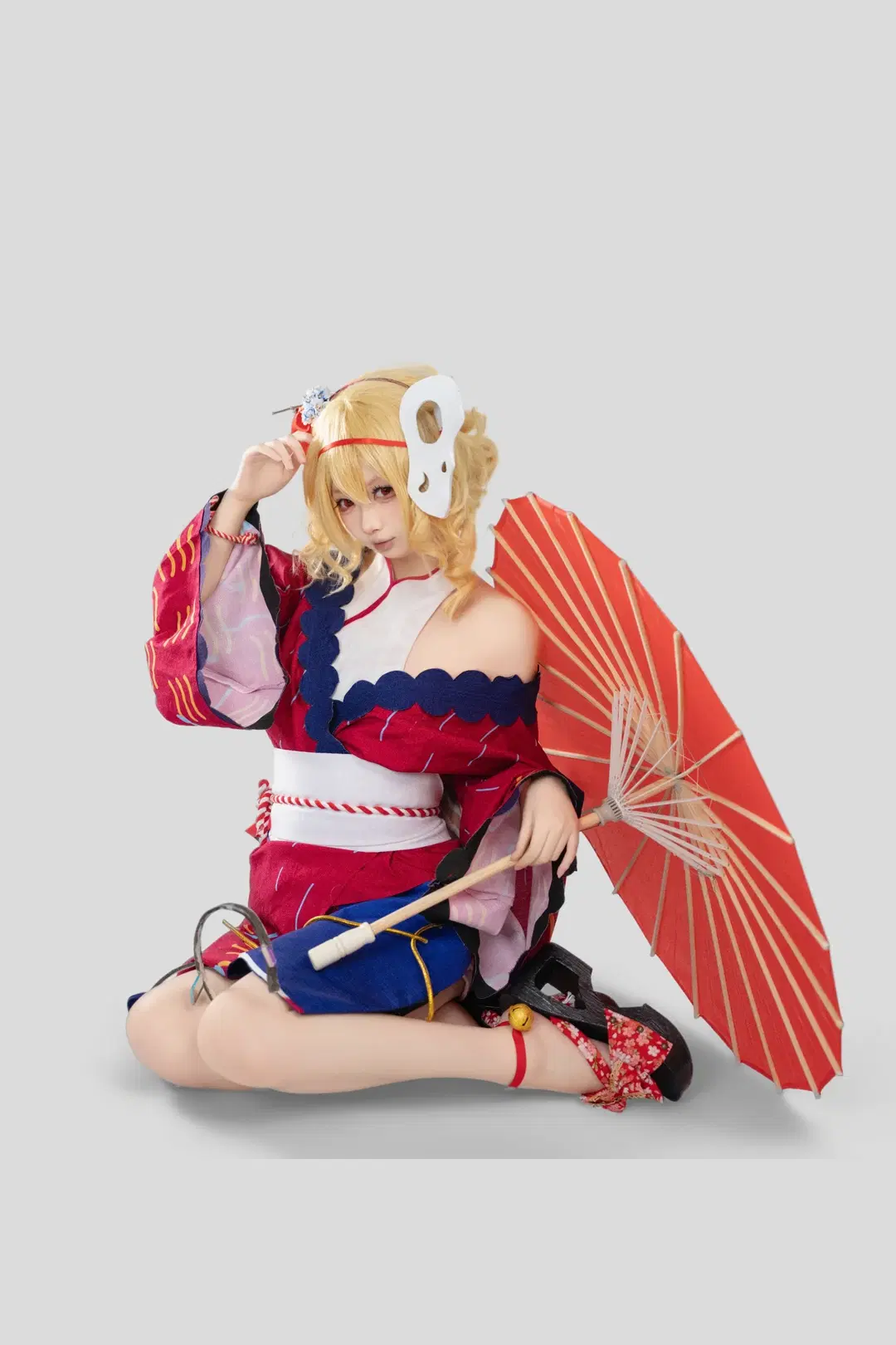 [Flandre Scarlet Cosplay] White Studio Portrait of Touhou Project: Red & Blue Kimono with a Scarlet Parasol by 井羊血weru - Image 2