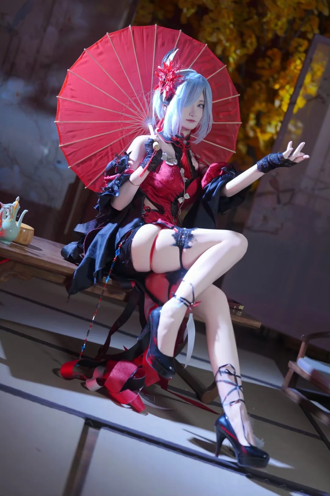 原神, 申鹤cos, 丝袜, 红伞道具, 彼岸花cos