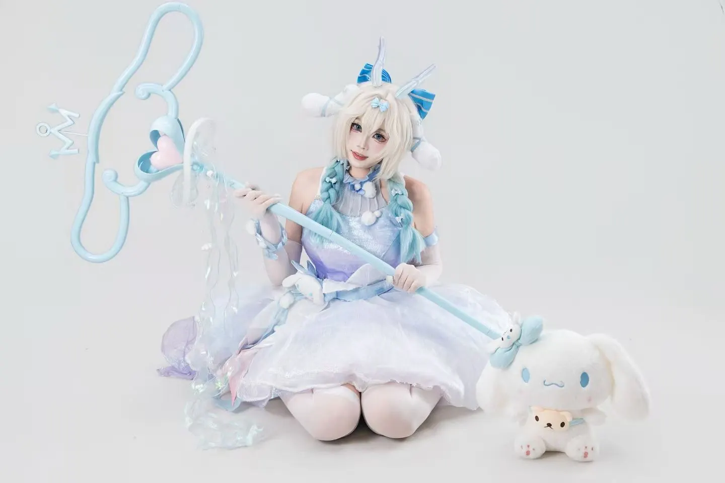 Anime-style photography, Cinnamoroll, Yao Mei cosplay, White stockings, White studio