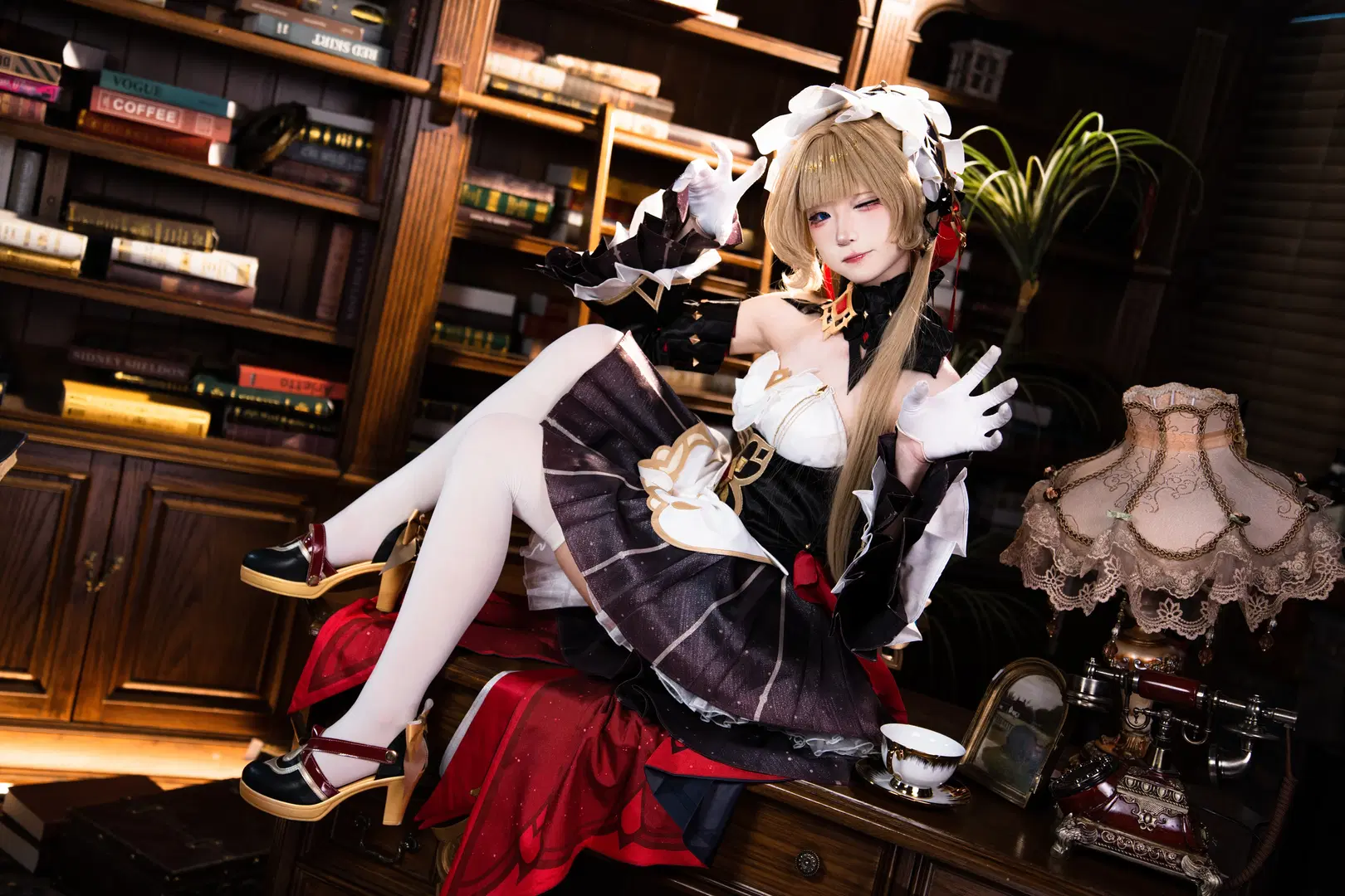 Sandrone Cosplay, Genshin Impact, Cosplay photography, Stockings leg fetish, Vintage maid costume