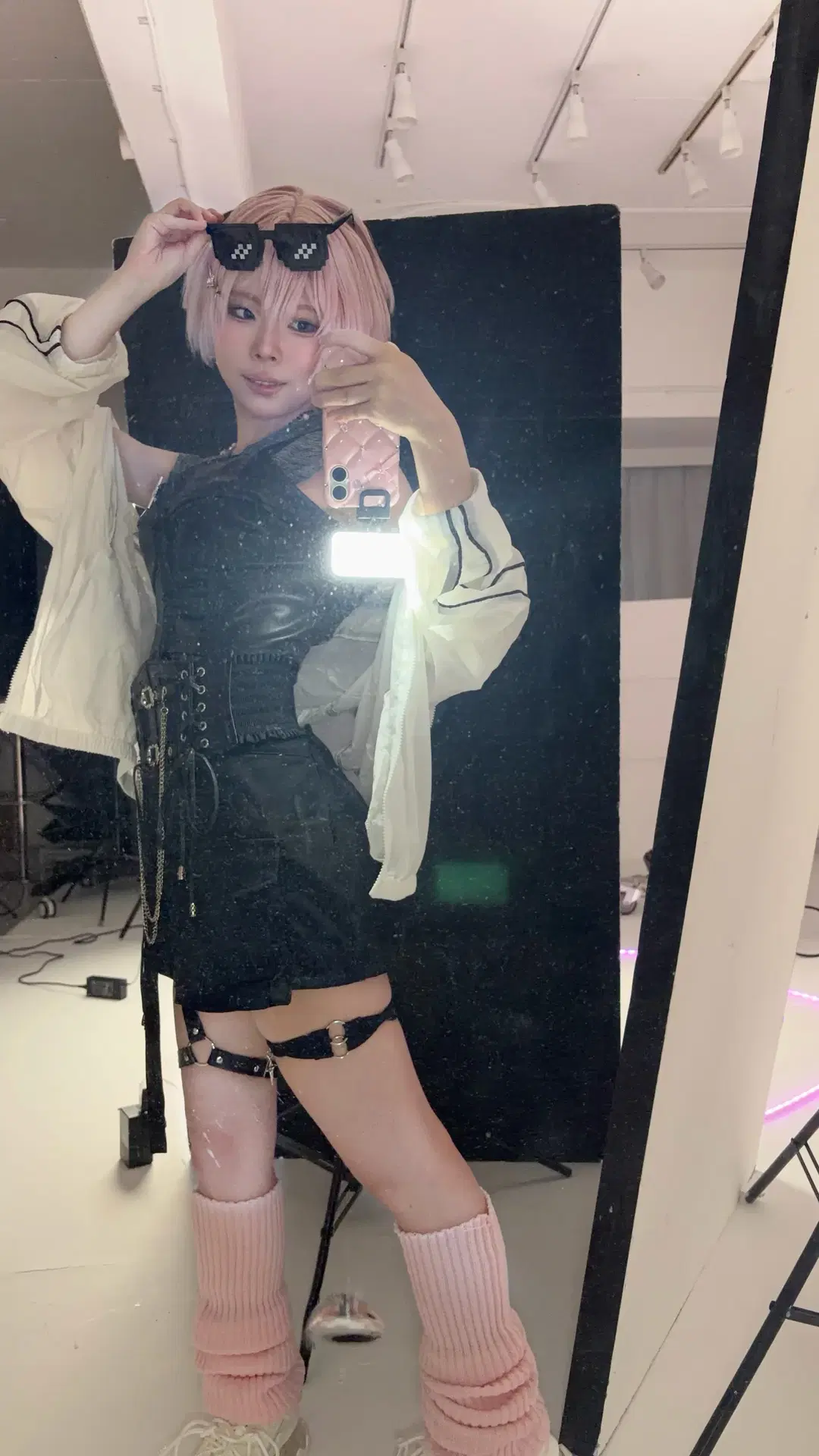 Pink short hair, Techwear outfit, Original cosplay, Black leather jacket, Leg ring slouch socks
