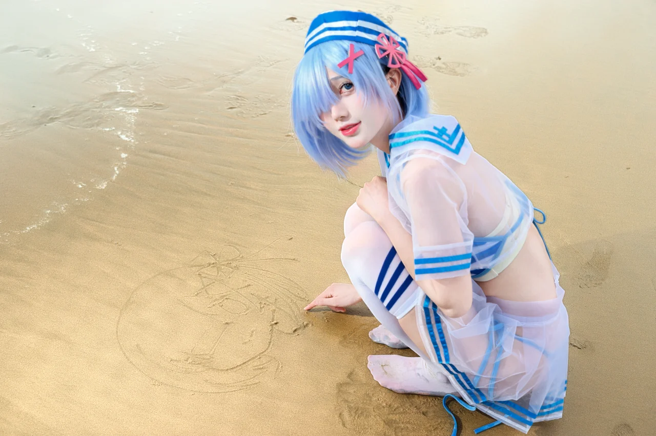 cosplay, 白丝, 水手服, 蓝发少女, 沙滩摄影