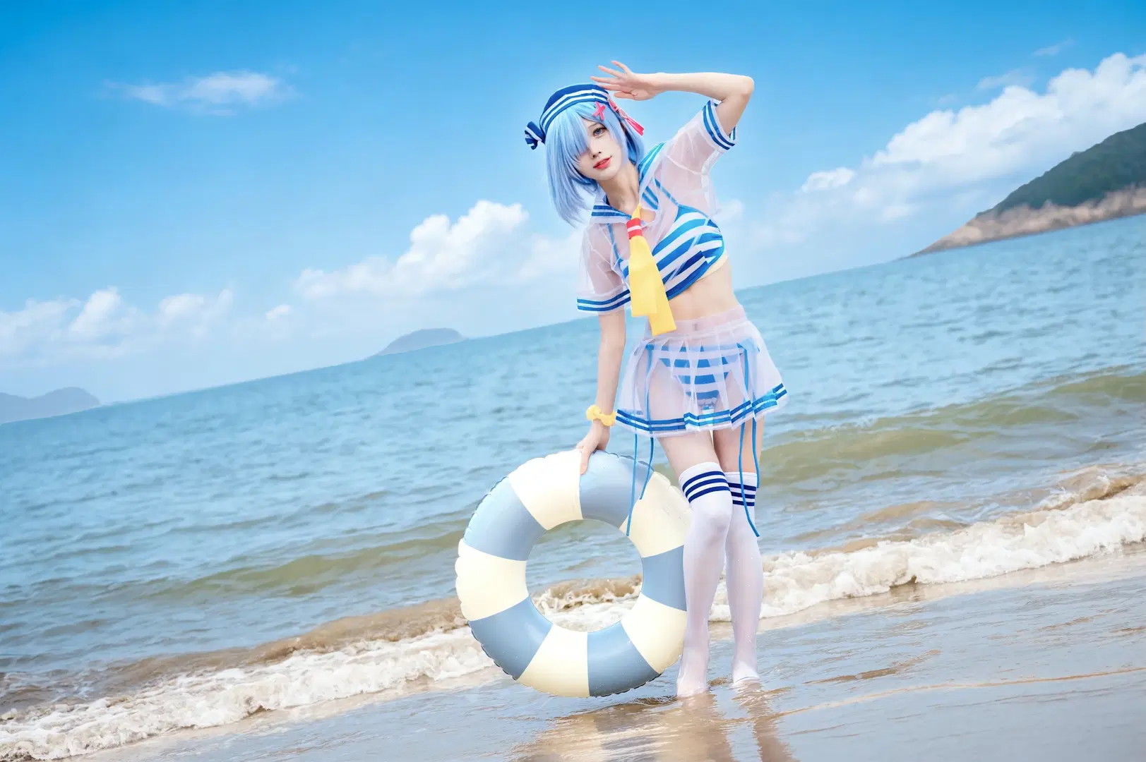 Rem cosplay, Cosplay photography, Sailor swimsuit, White stockings, Summer beach photoshoot