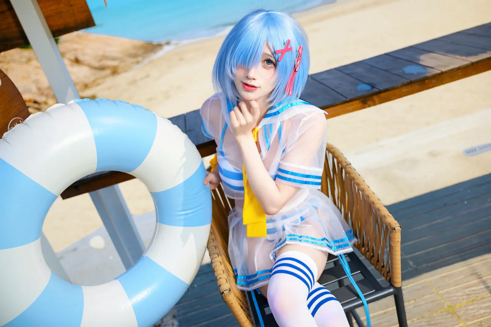 蕾姆cos, 海边写真, Re:从零开始的异世界生活, 水手服cos, 白色丝袜