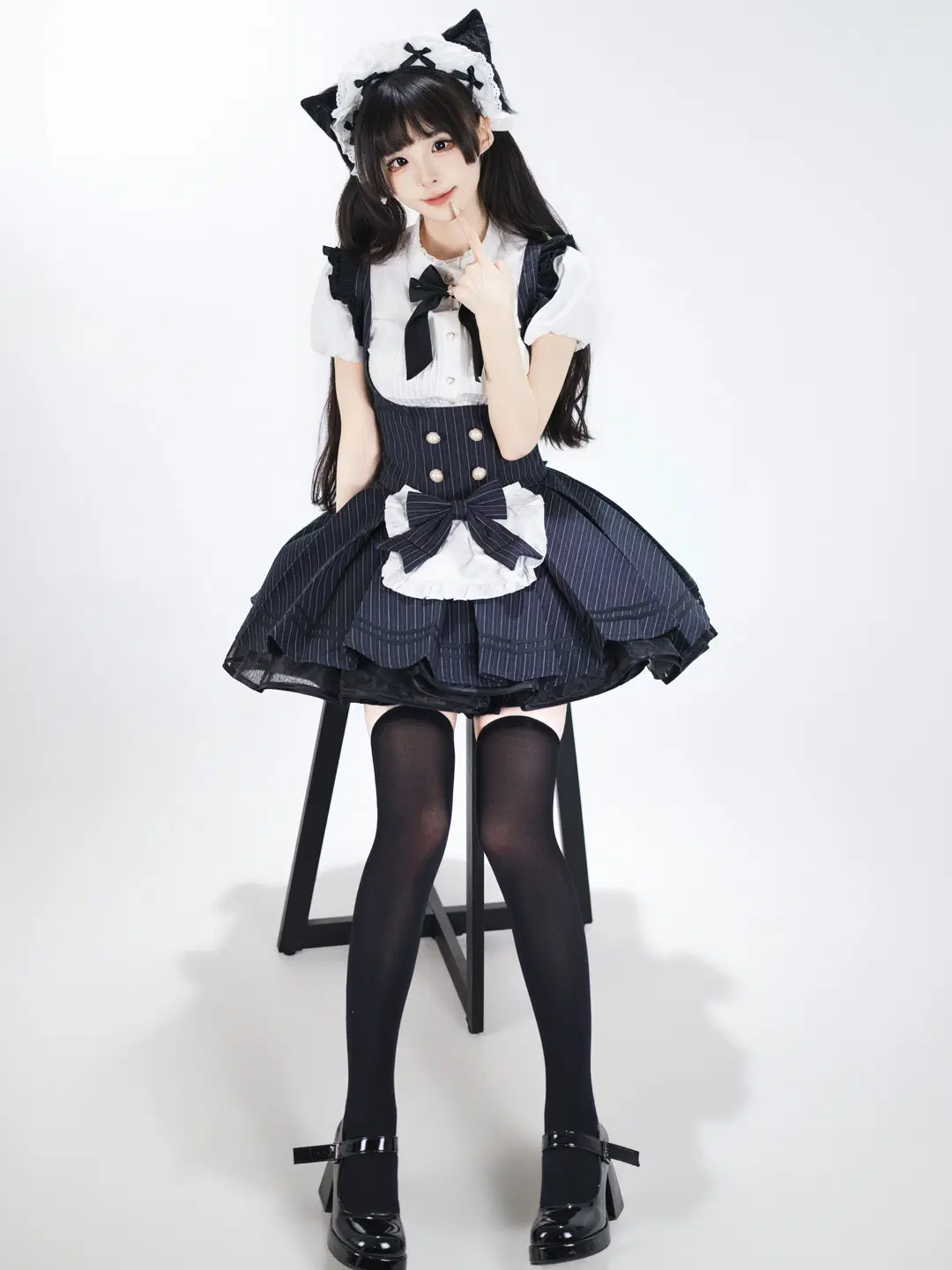 Studio Portrait Japanese Style Photography of a Cat-Ear Maid: Texture and Detail Log of Black Sheer Stockings and Striped Hem by 星空 - Image 12