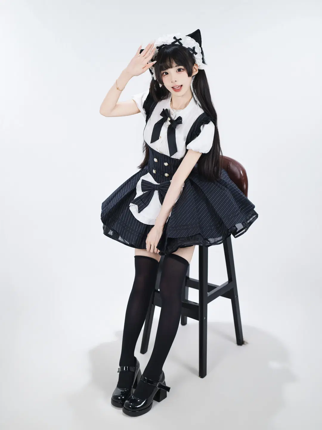 Studio Portrait Japanese Style Photography of a Cat-Ear Maid: Texture and Detail Log of Black Sheer Stockings and Striped Hem by 星空 - Image 14