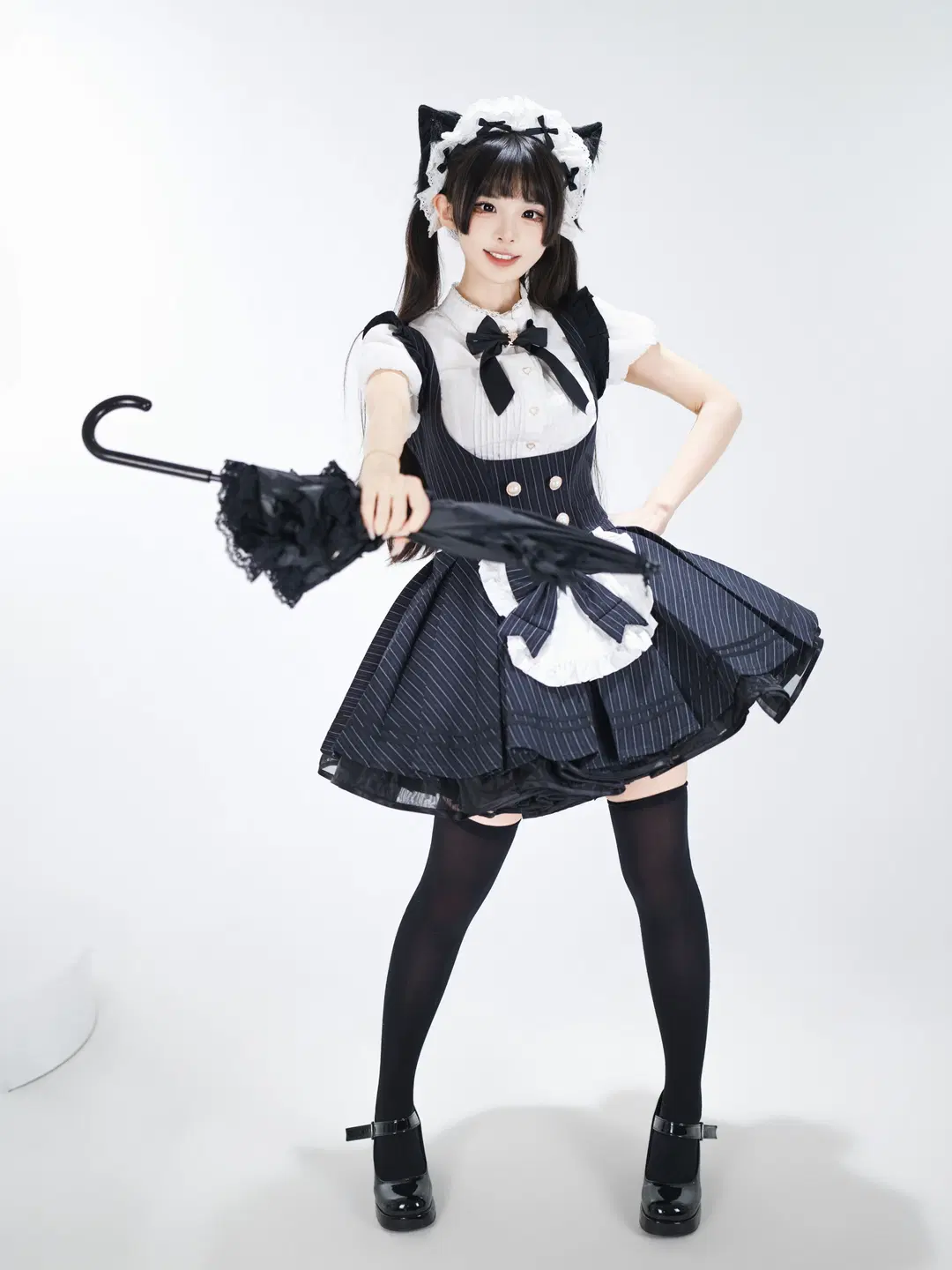 Studio Portrait Japanese Style Photography of a Cat-Ear Maid: Texture and Detail Log of Black Sheer Stockings and Striped Hem by 星空 - Image 16