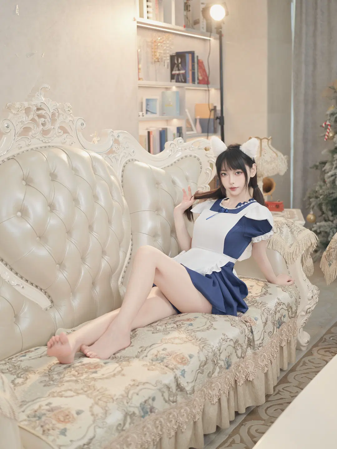 Twintails and Cat Ears Maid Outfit: Heart-Fluttering At-Home Portrait Moments on a Vintage Sofa by 星空 - Image 10