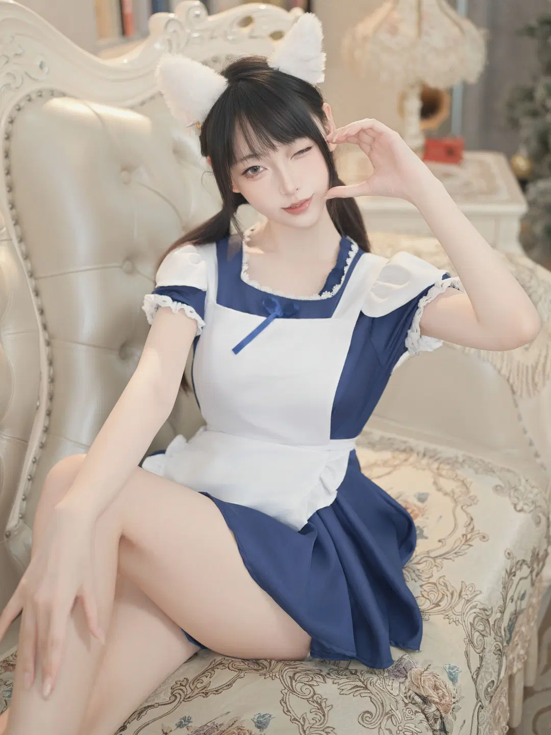 Twintails and Cat Ears Maid Outfit: Heart-Fluttering At-Home Portrait Moments on a Vintage Sofa by 星空 - Image 4