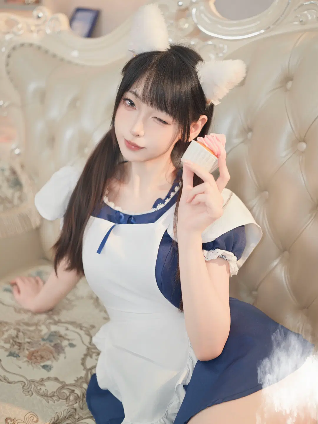Twintails and Cat Ears Maid Outfit: Heart-Fluttering At-Home Portrait Moments on a Vintage Sofa by 星空 - Image 6