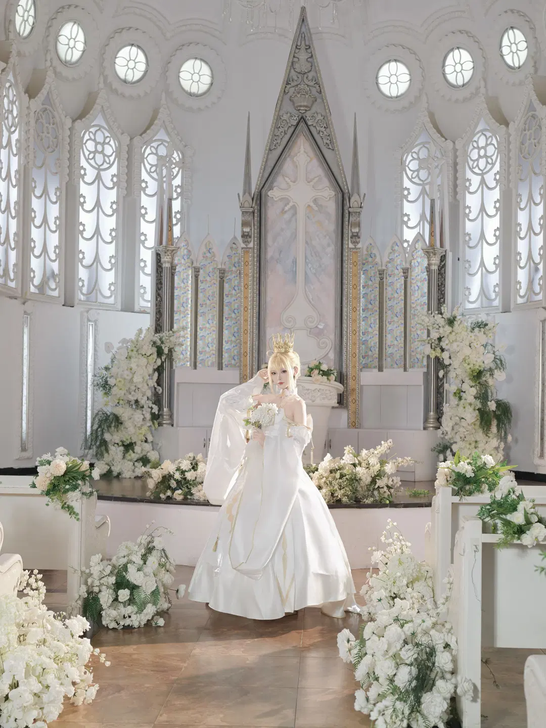 Fate/Grand Order, Altria cosplay, Church photoshoot, Light and shadow portrait, Wedding dress Saber