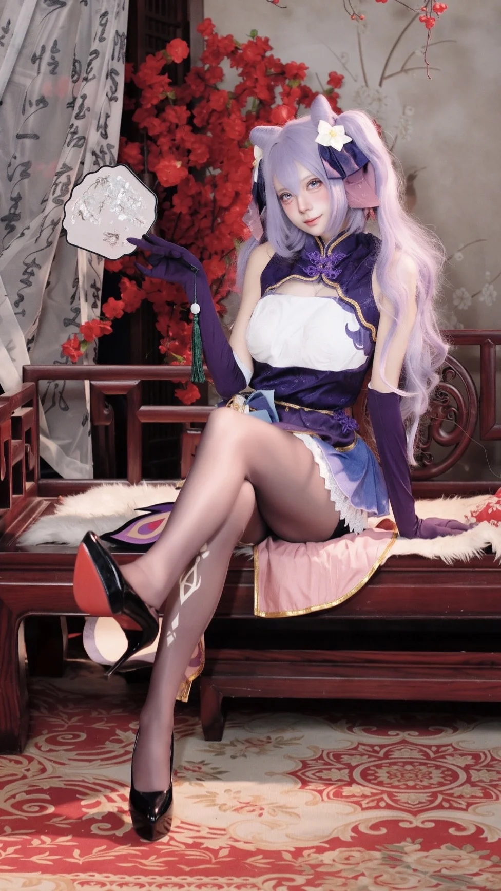 Genshin Impact, Keqing cosplay, Stockings, Purple cheongsam, Keqing cheongsam