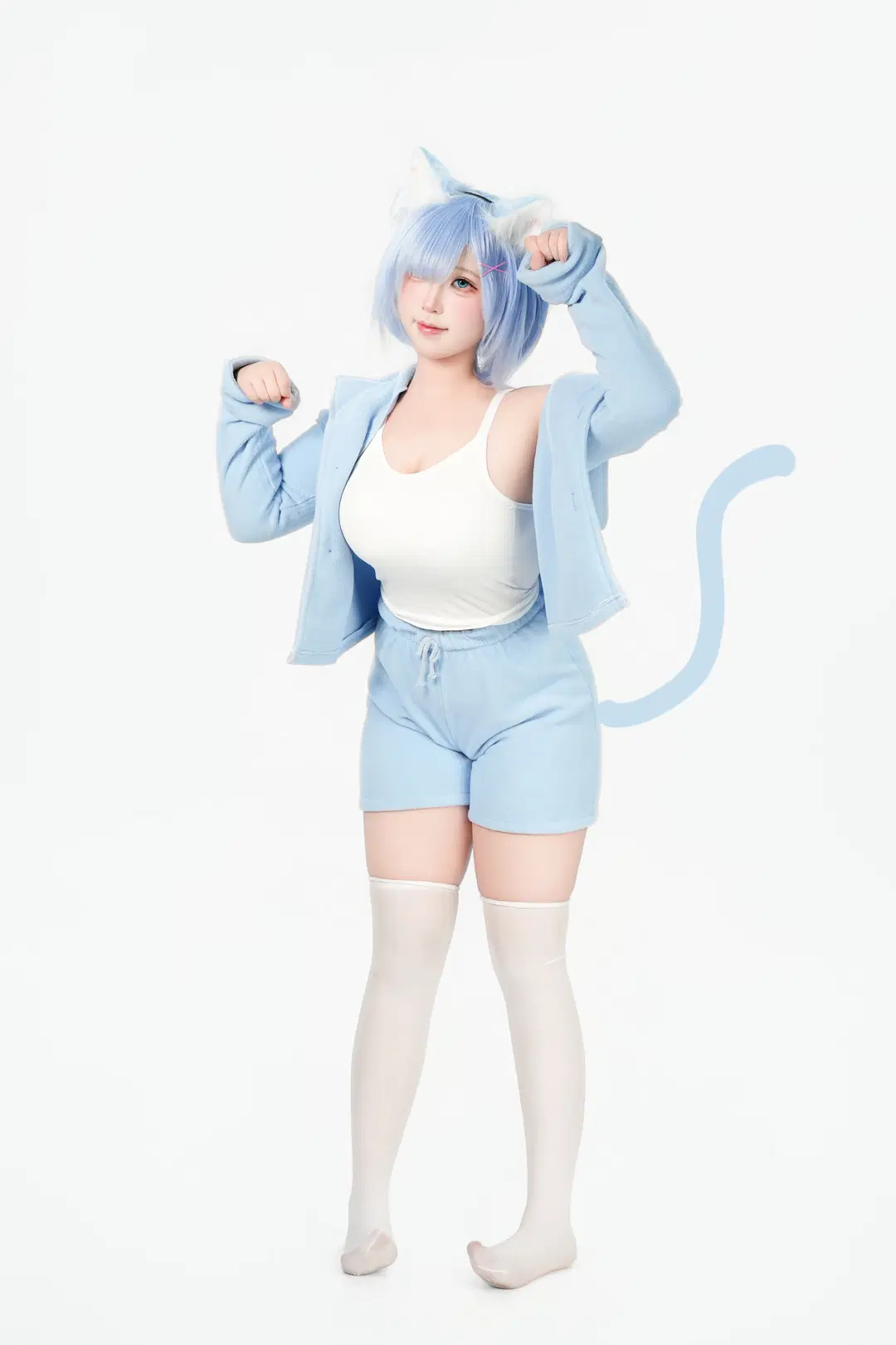 Re:ZERO -Starting Life in Another World-, Rem cosplay, White stockings, Peeking kitten, Pajama outfit