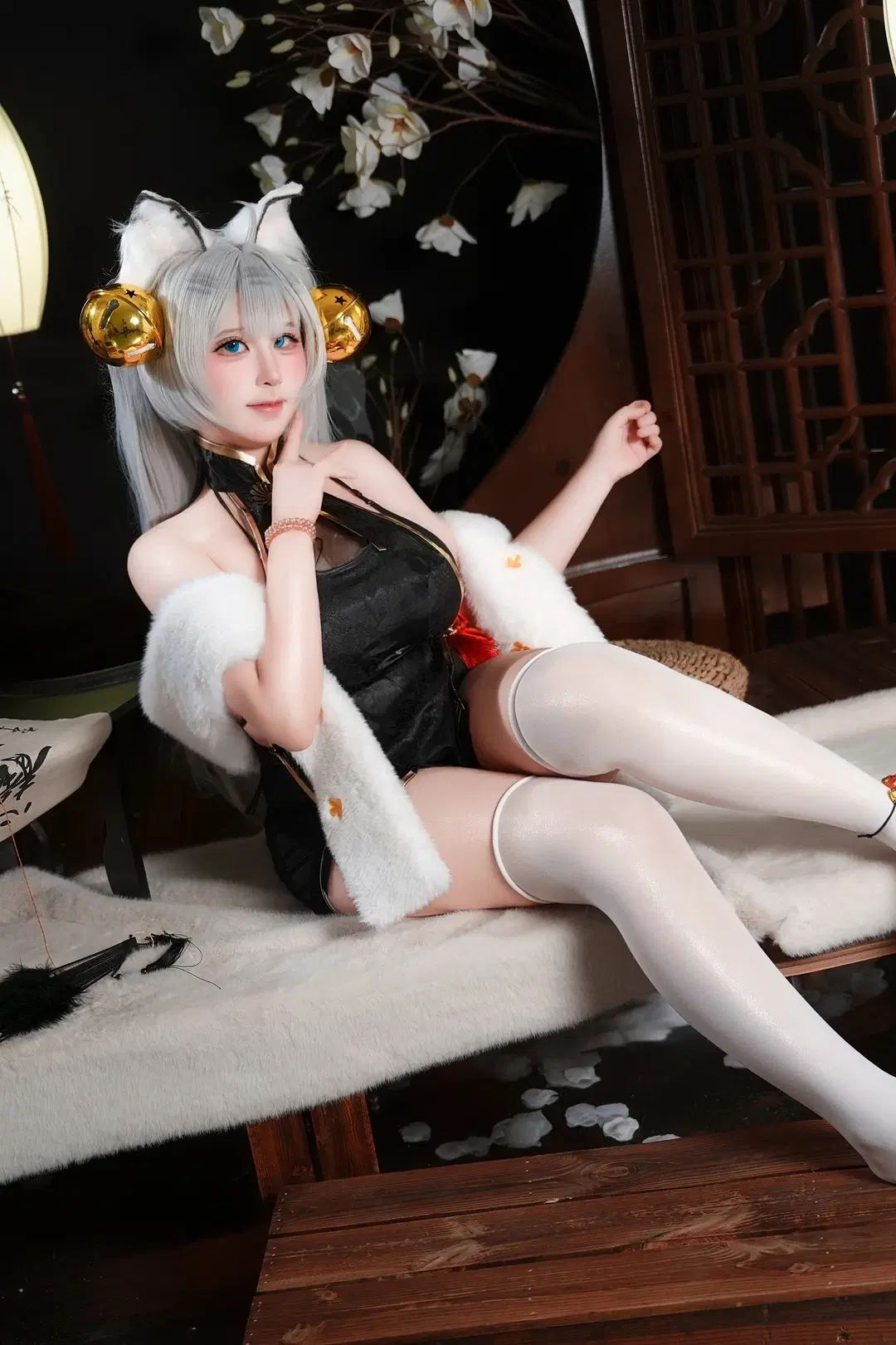 旗袍, 白虎娘cos, 白丝, 国风cos, 兽耳娘