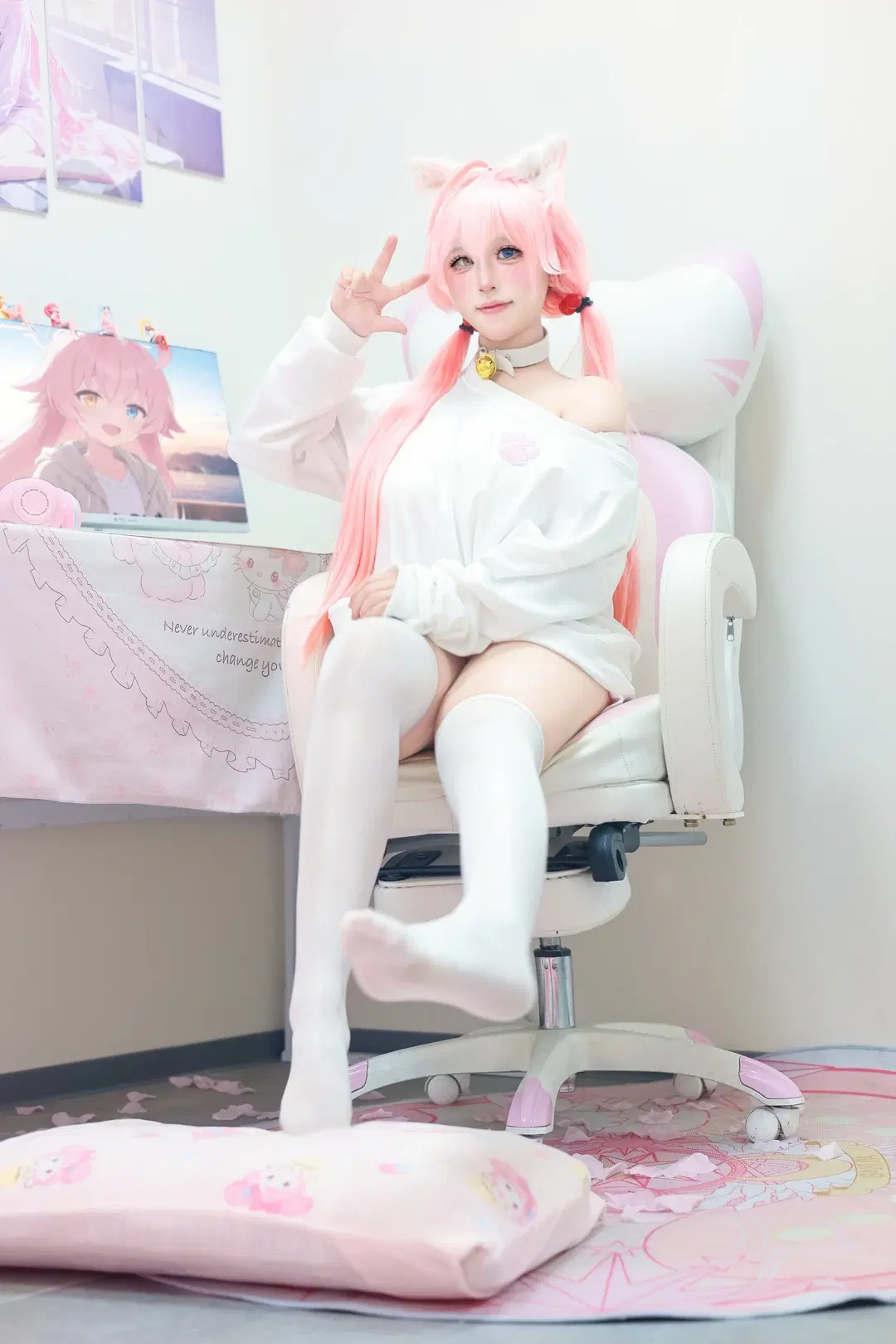 蔚蓝档案, 猫耳少女, 小鸟游星野cos, 丝袜cos, 二次元拍照姿势