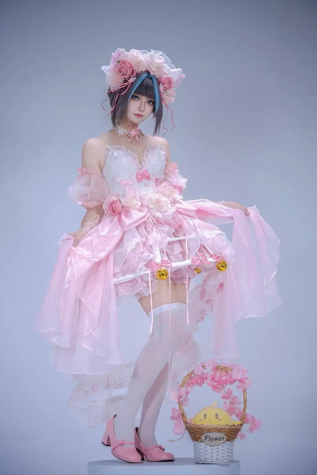 Cheshire Cosplay, Azur Lane, White stockings, Pink evening dress, Birdcage crinoline
