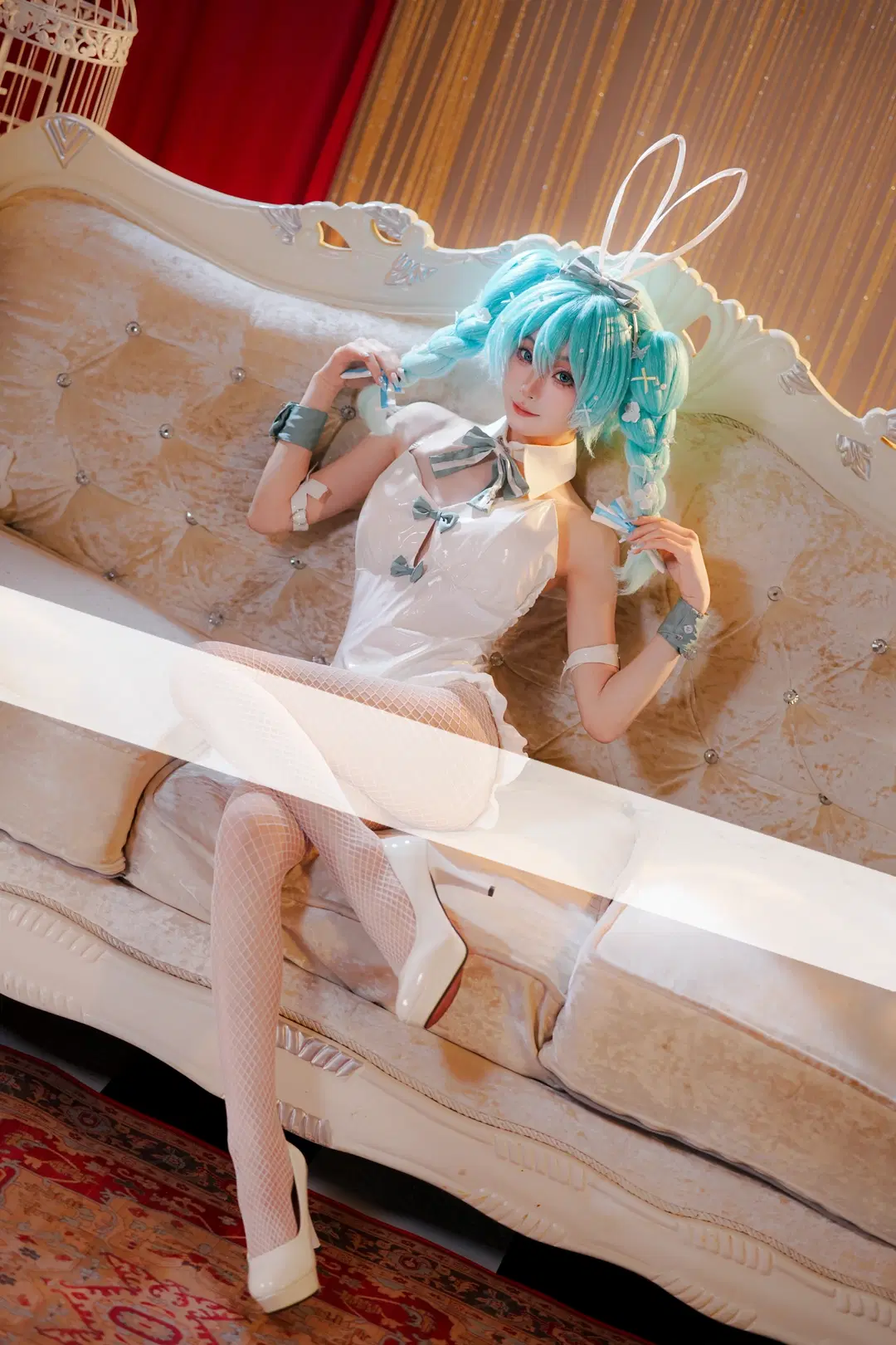 兔女郎, 初音未来cos, Vocaloid, 蓝发双马尾, 白色渔网袜
