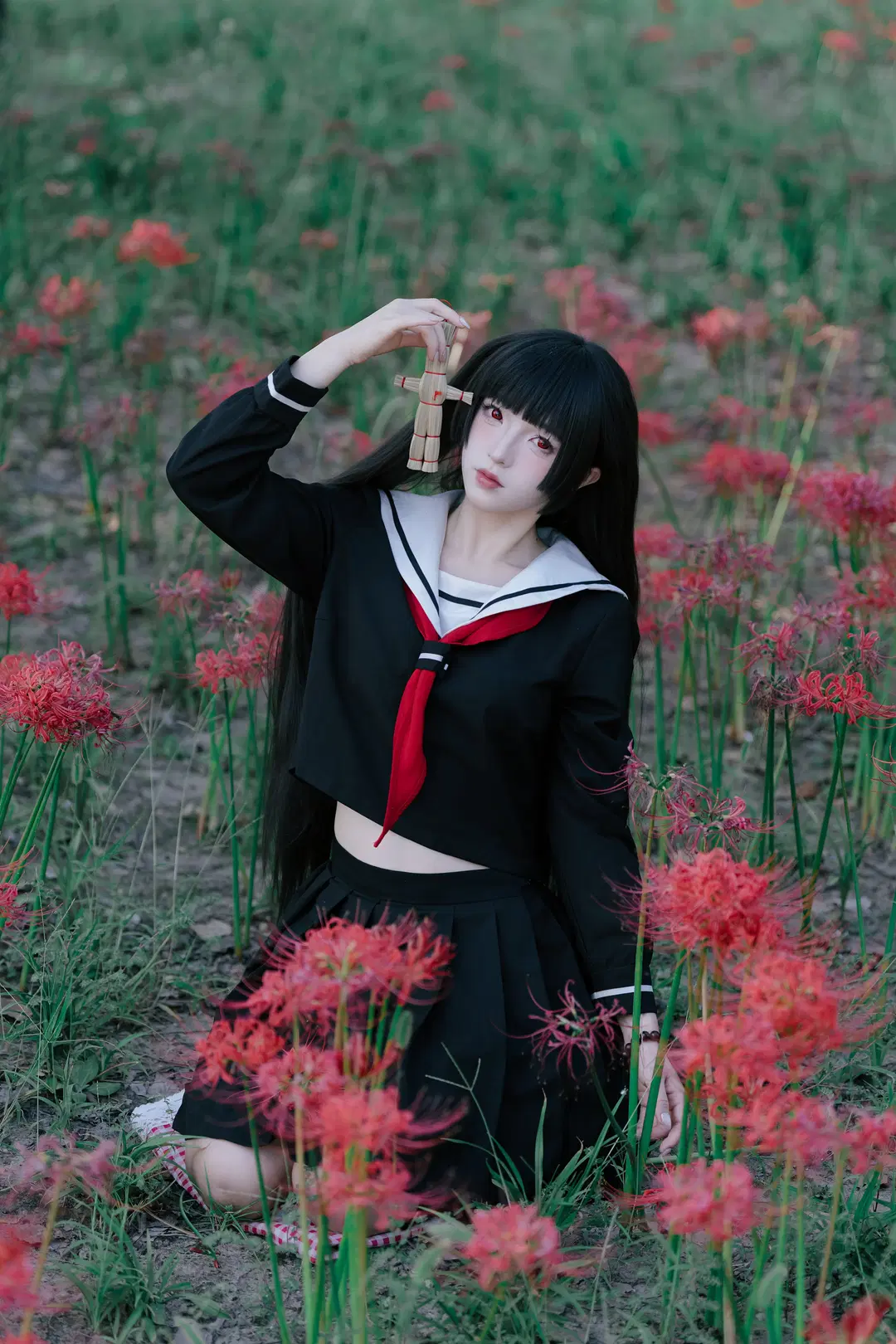阎魔爱cos, 地狱少女, 水手服, 黑丝, 彼岸花