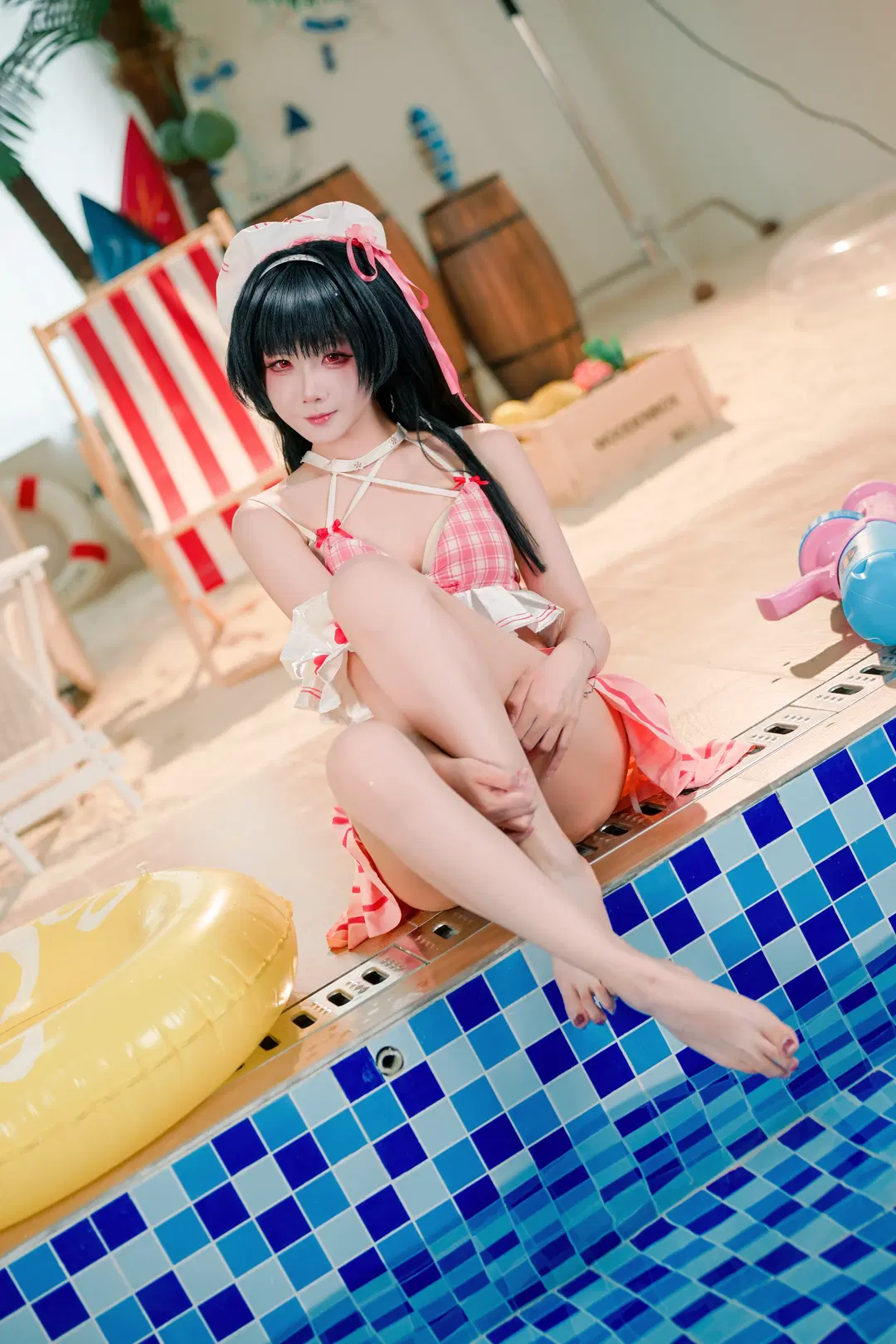 千咲cos, 泳装cosplay, 夏日写真, 动漫cosplay, 泳池拍摄