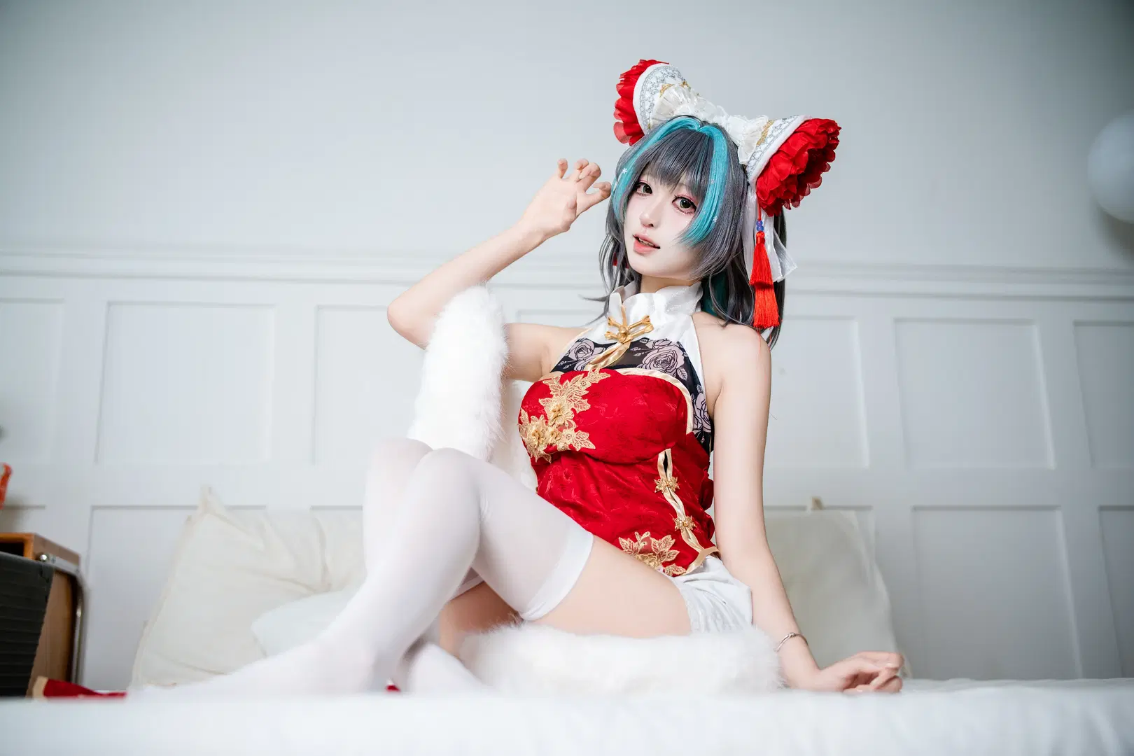 cosplay, Cheshire Cosplay, Qipao, White stockings, New Year Cheshire