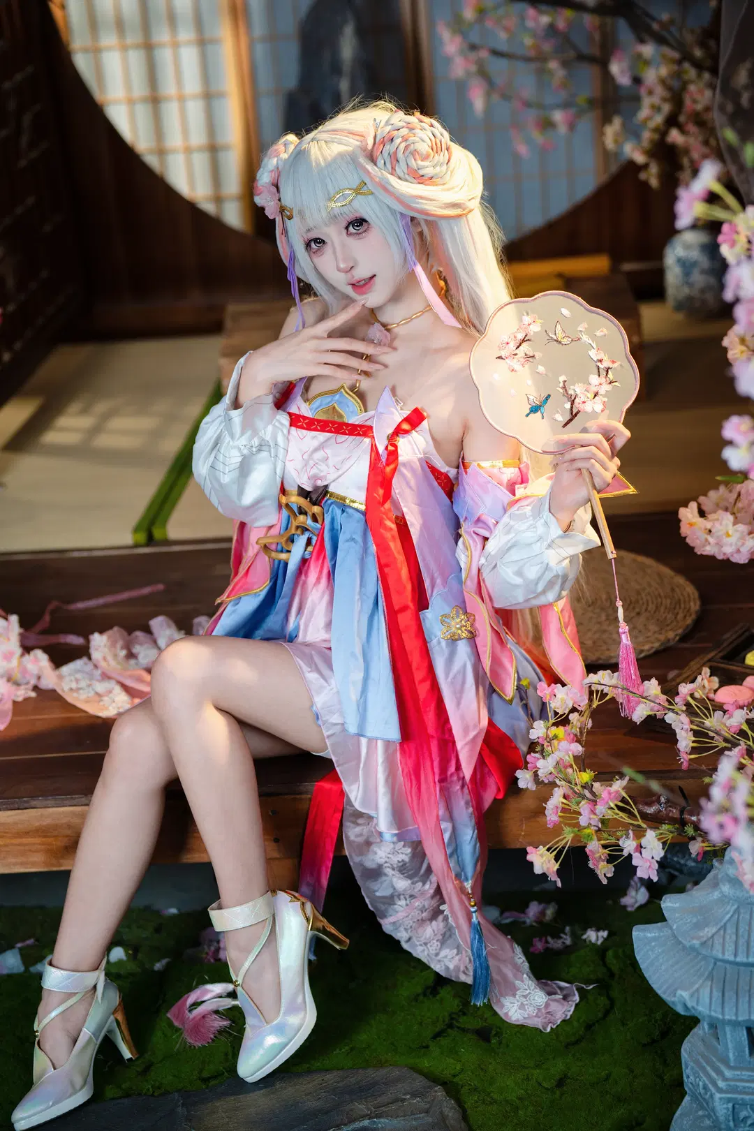 古風cosplay, 今汐cos, 櫻花庭院, 蕾絲白絲, 中秋cos