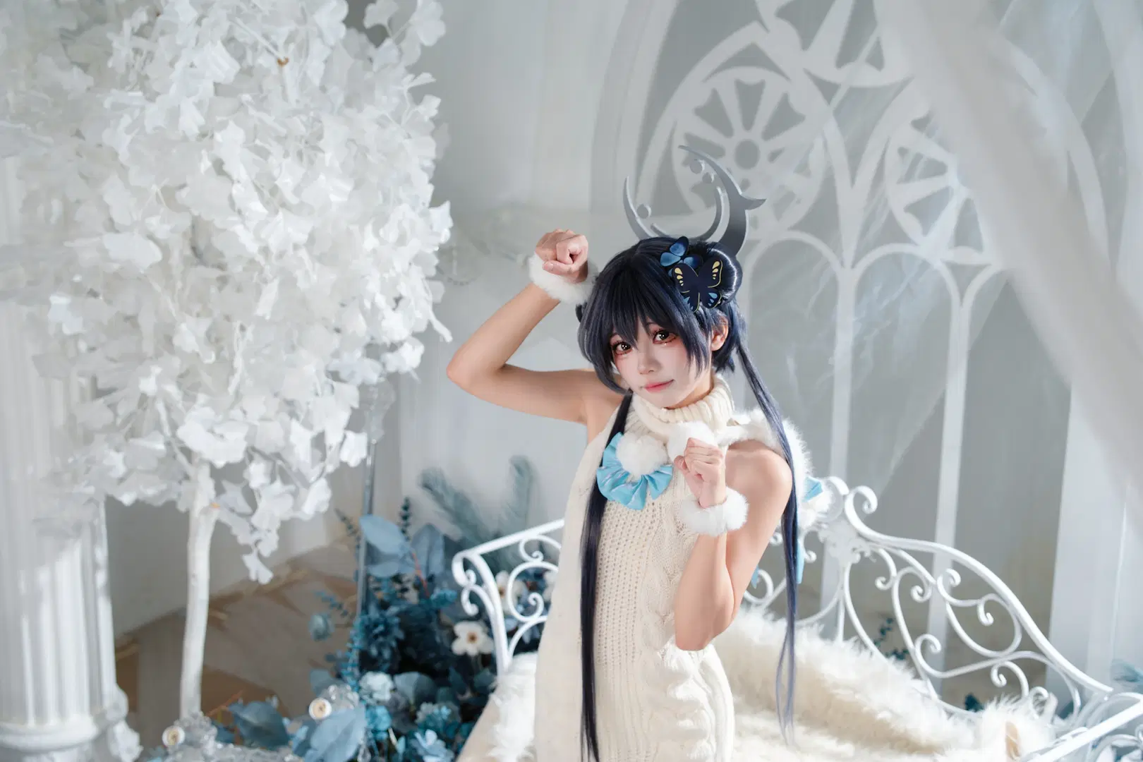 Winter Indoor Studio Photography Log: Cream-White Fuzzy Knit Dress by 朝三暮四 - Image 2