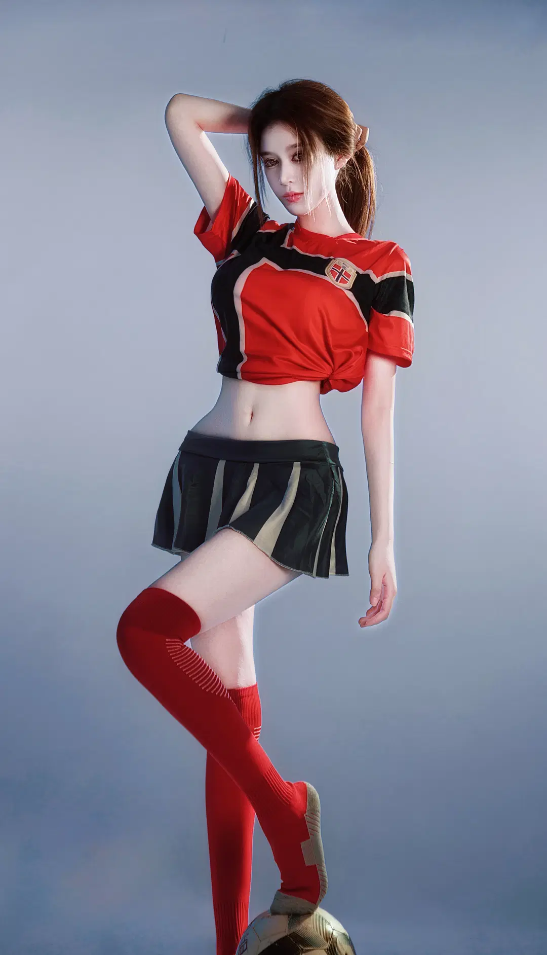 南宁摄影棚, 二次元足球宝贝, 足球cosplay, 红黑运动风, 红色过膝袜