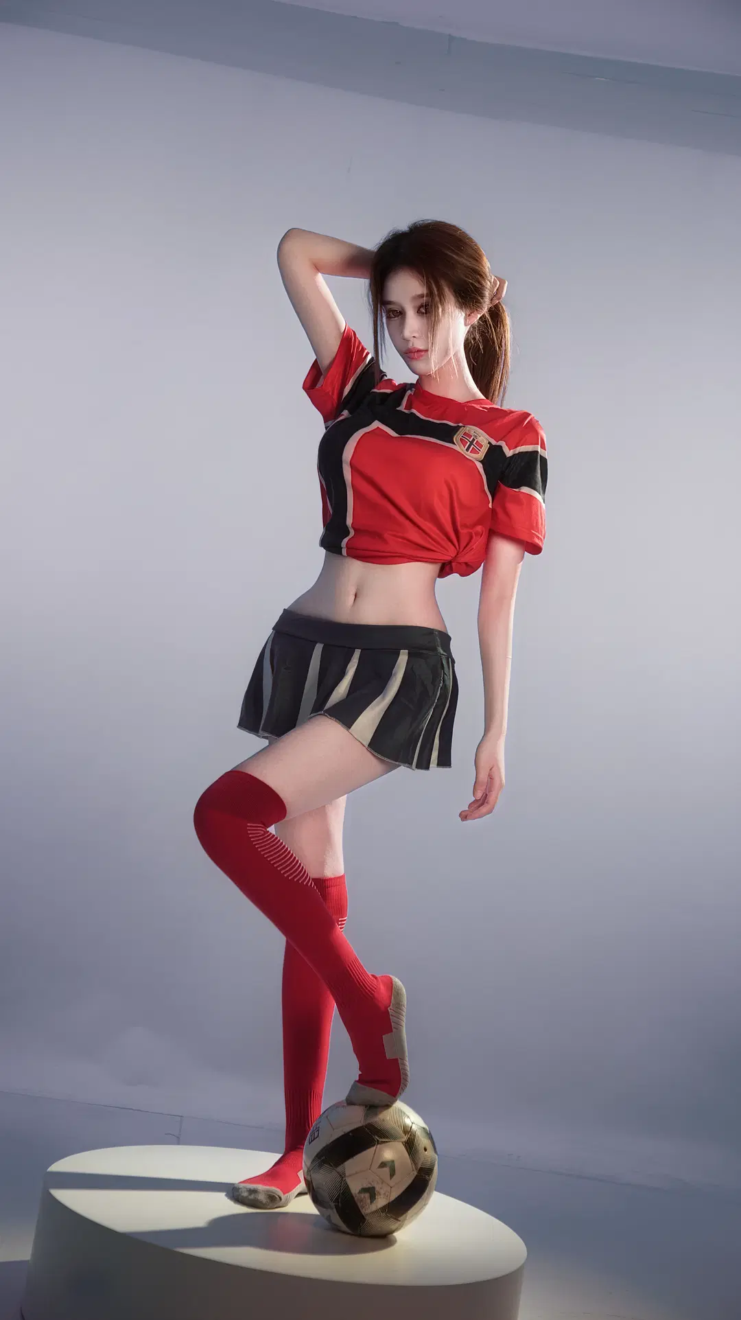 【サッカーコスプレ】赤黒スポーティースタイルのスタジオ撮影、赤いニーハイソックスで魅せる二次元の魅力 - 星漫映画 - 4枚目