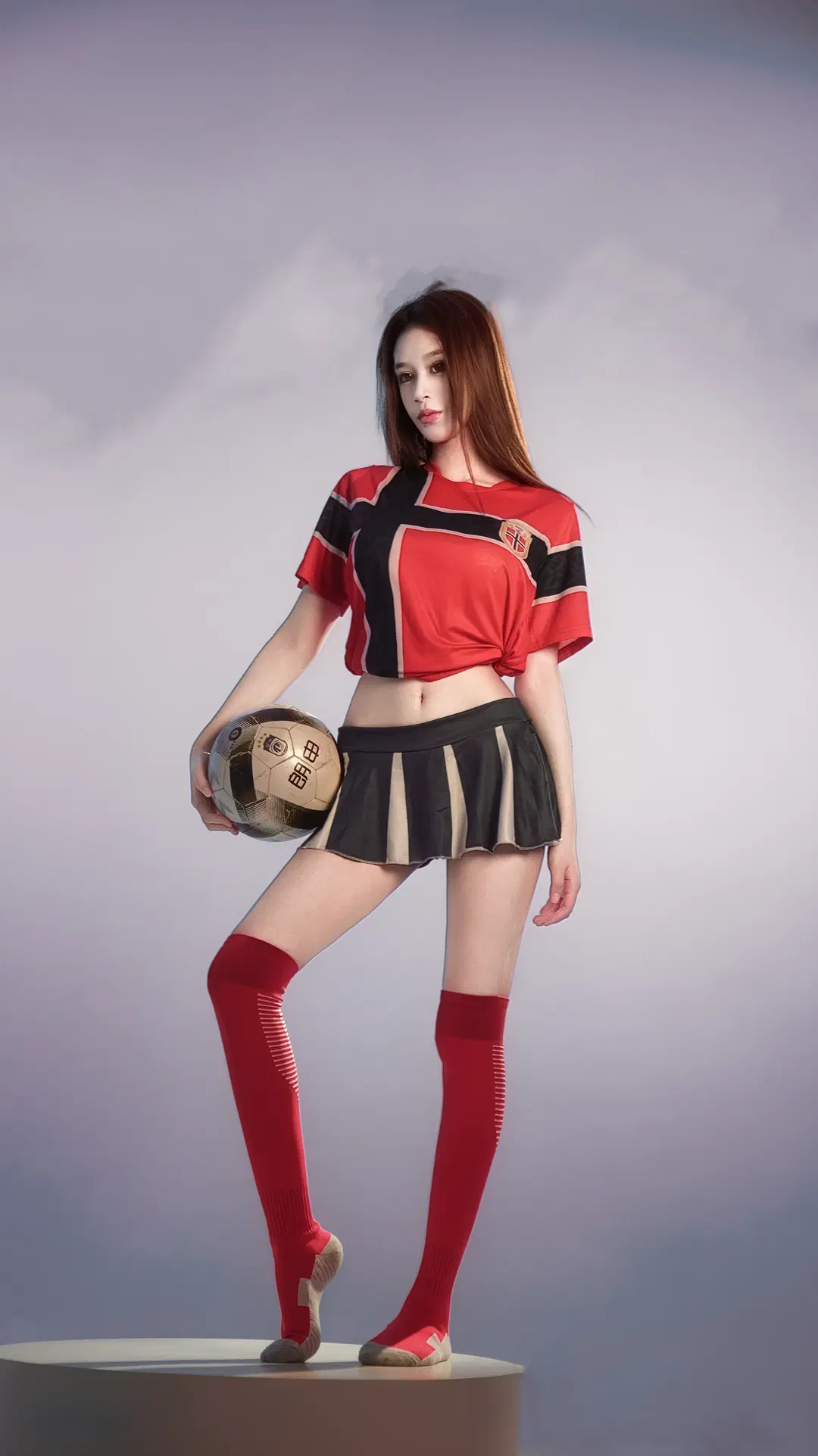 【サッカーコスプレ】赤黒スポーティースタイルのスタジオ撮影、赤いニーハイソックスで魅せる二次元の魅力 - 星漫映画 - 5枚目