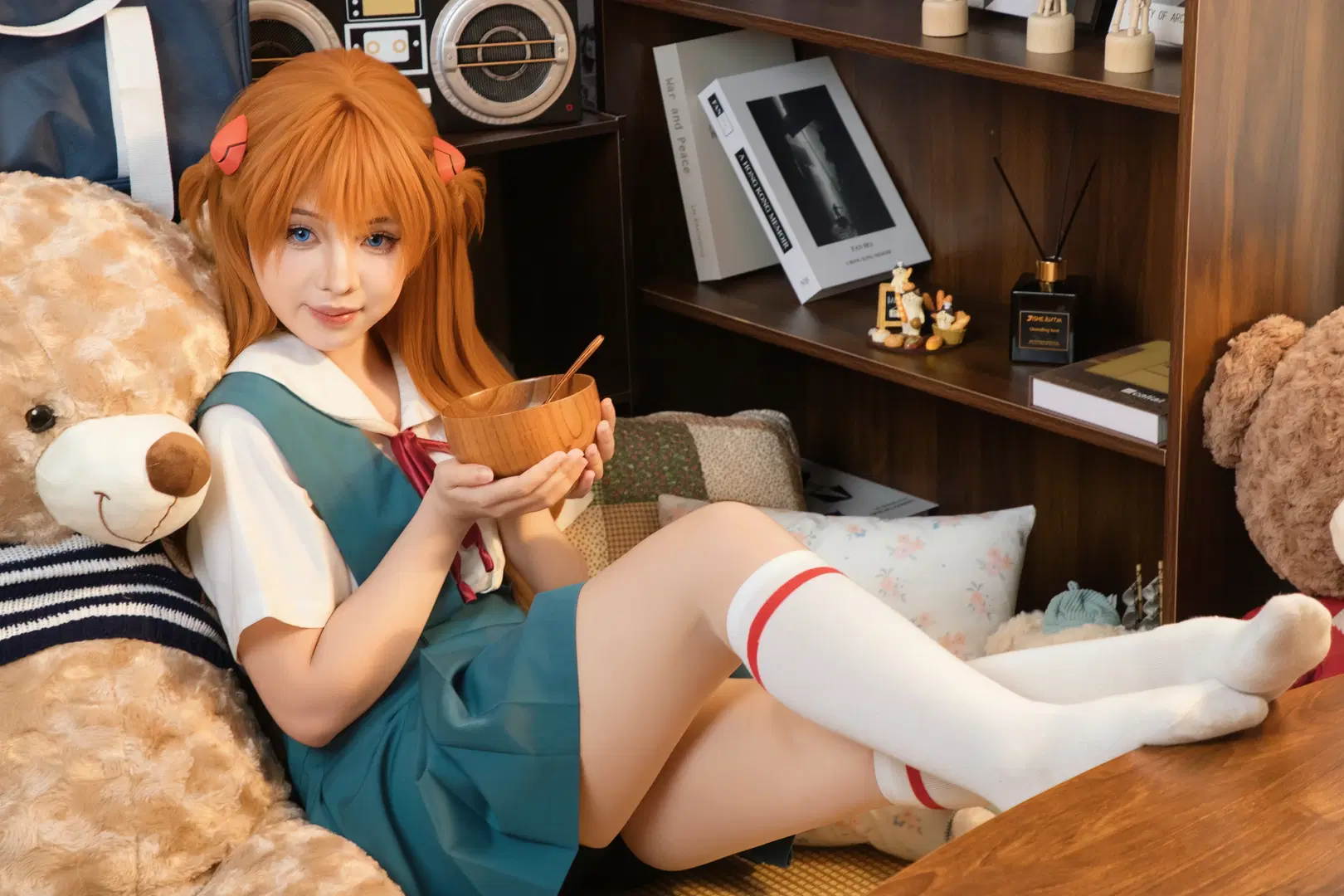 White stockings, Asuka Cosplay, Neon Genesis Evangelion, Nanning photography, Home photo shoot